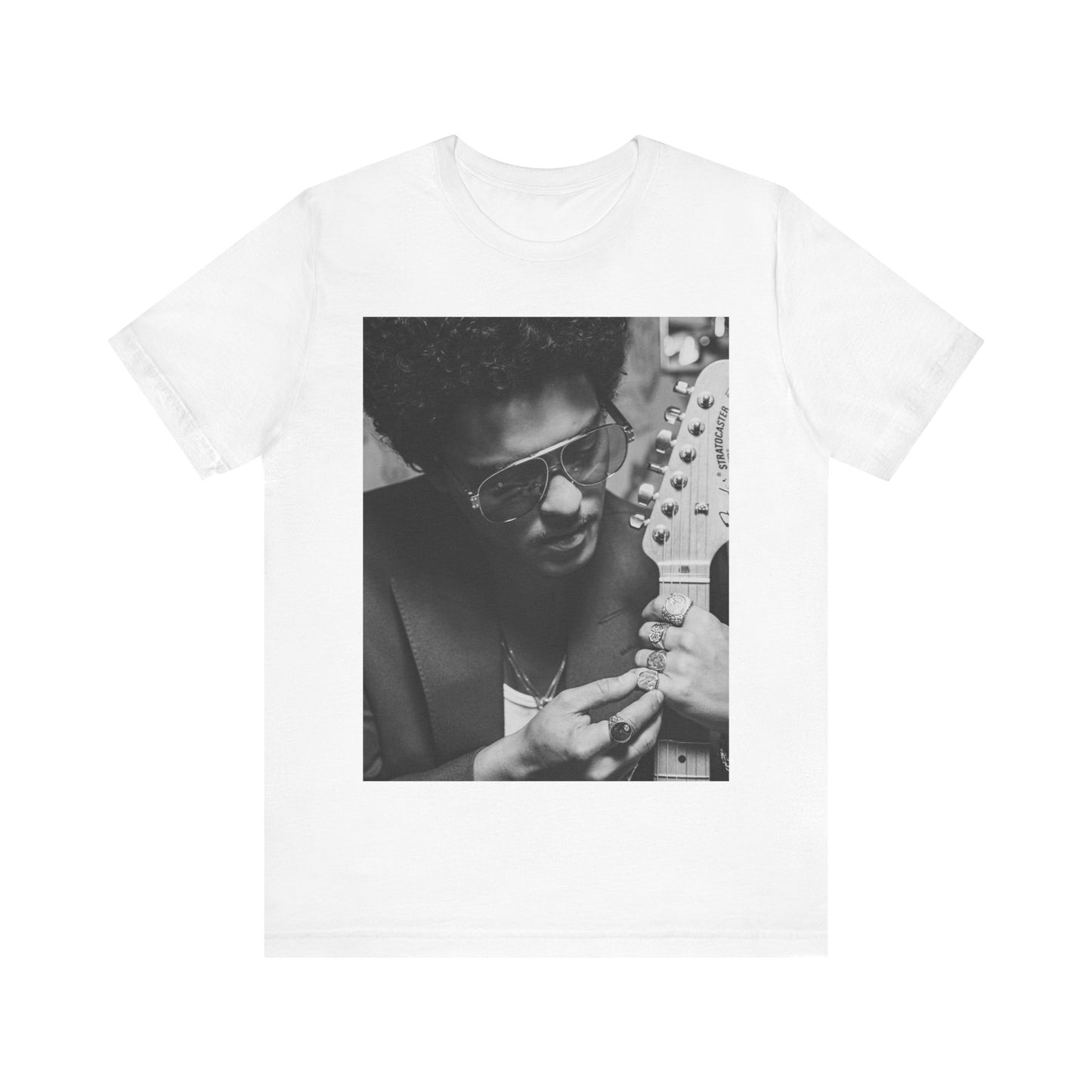 A black graphic t-shirt featuring a graphic of Bruno Mars in a classic crooner style.