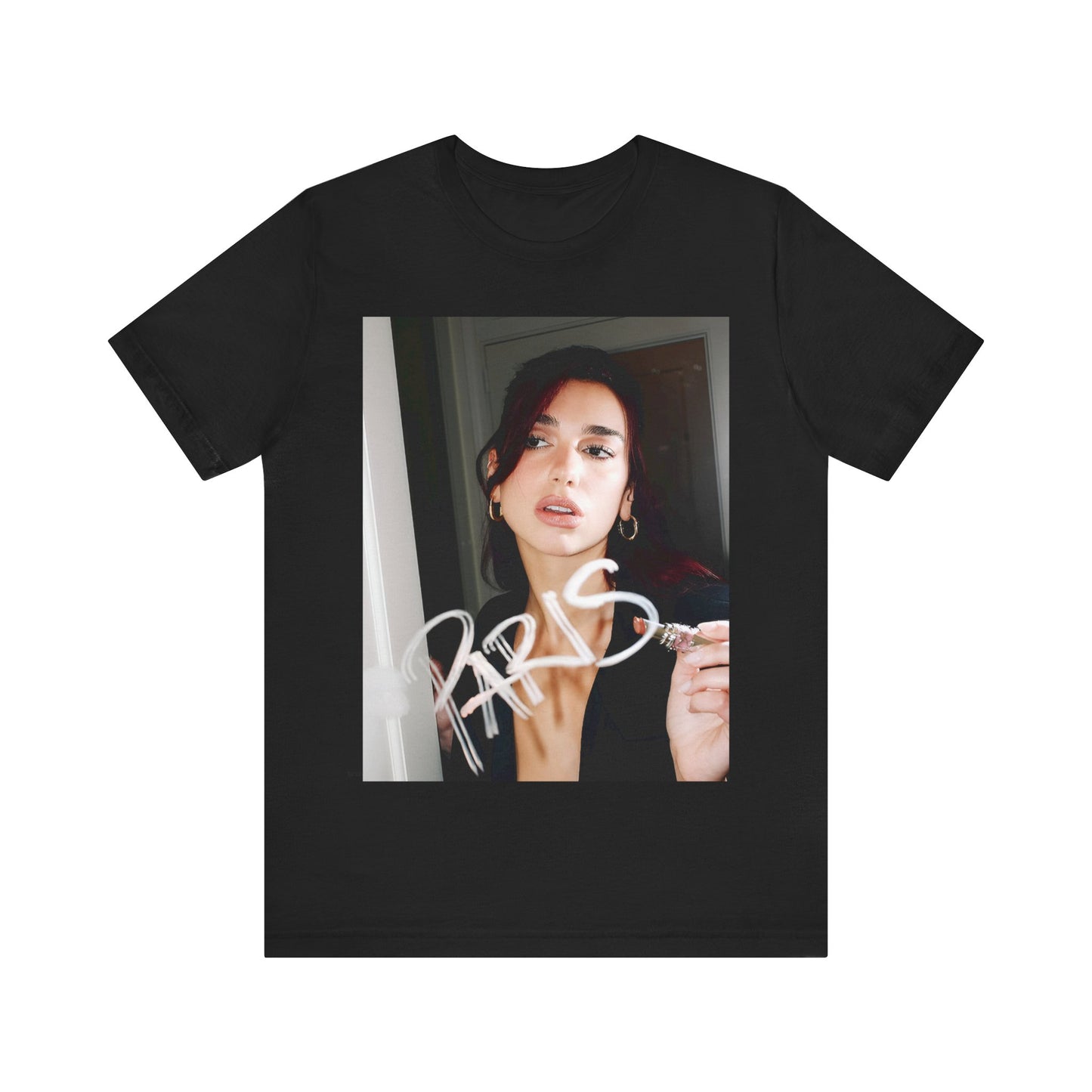 A black graphic t-shirt featuring a graphic of Dua Lipa, possibly with Parisian elements or a 'Paris' theme.