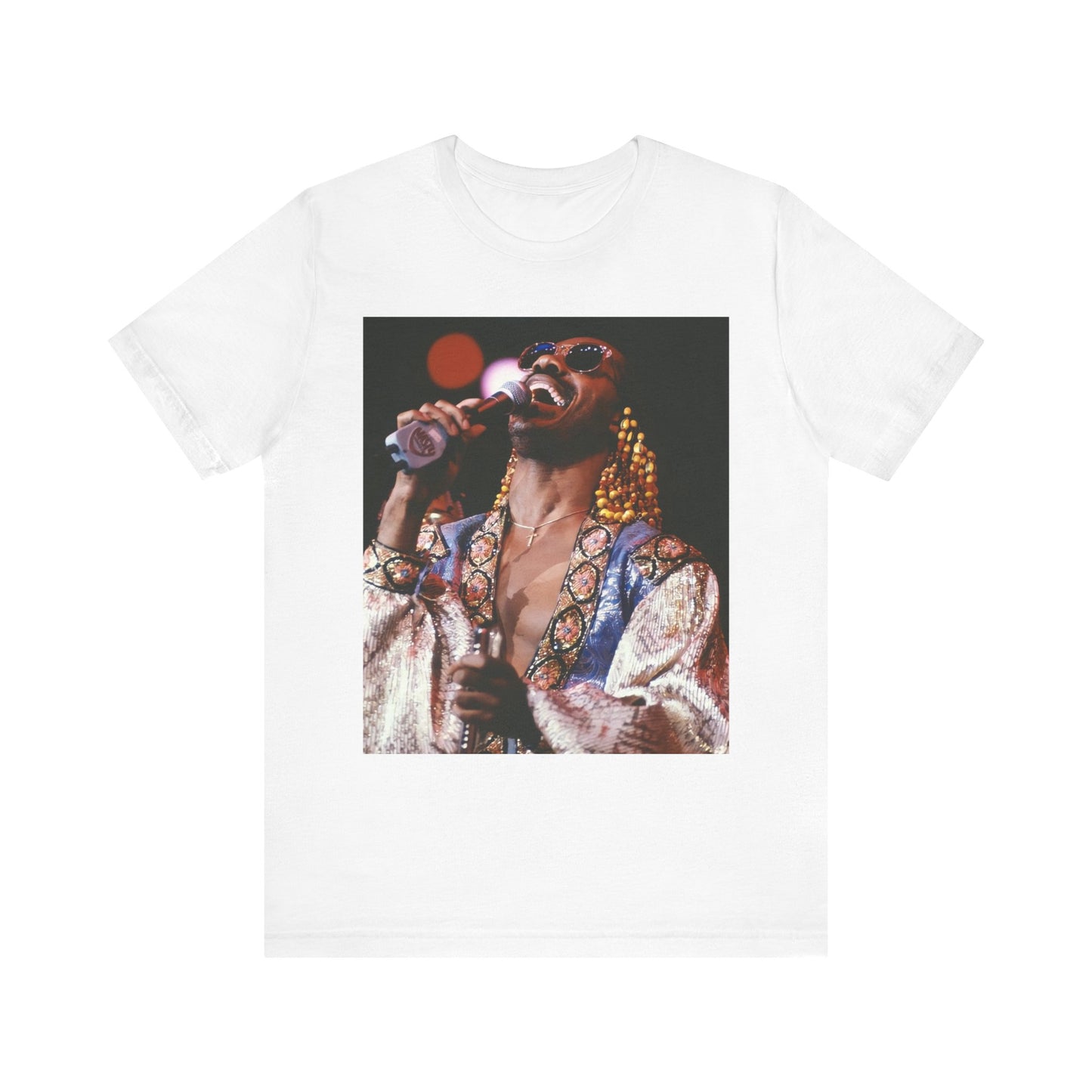 A black graphic t-shirt featuring a 70s vintage soul icon graphic of Stevie Wonder.