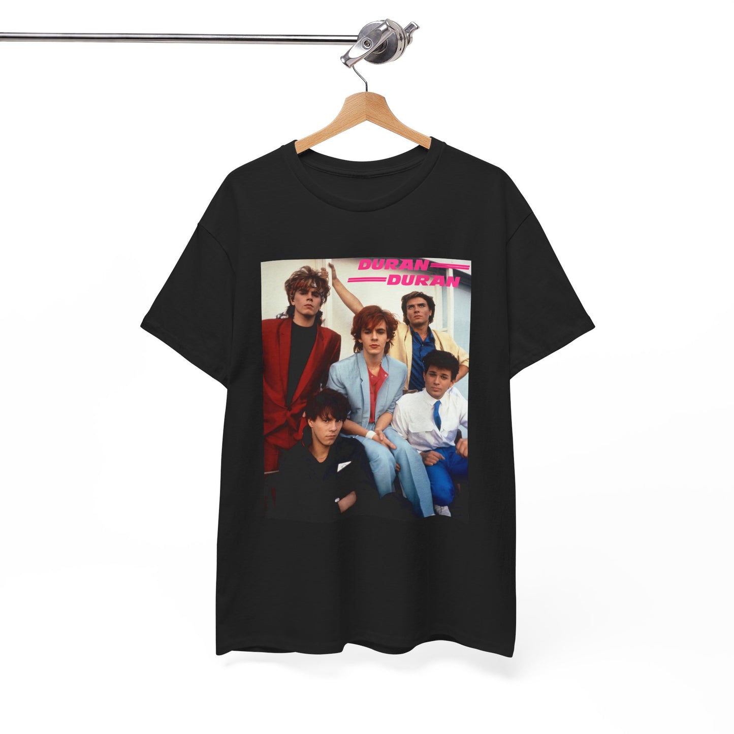 A black graphic t-shirt featuring a graphic of Duran Duran as 80s new wave pioneers.