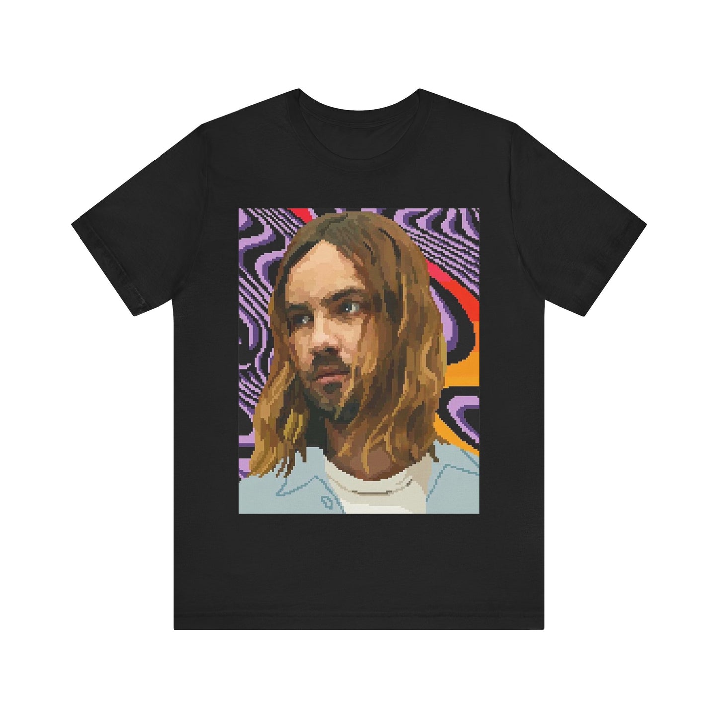 A black graphic t-shirt featuring a vintage graphic of Tame Impala with mind-bending visuals.