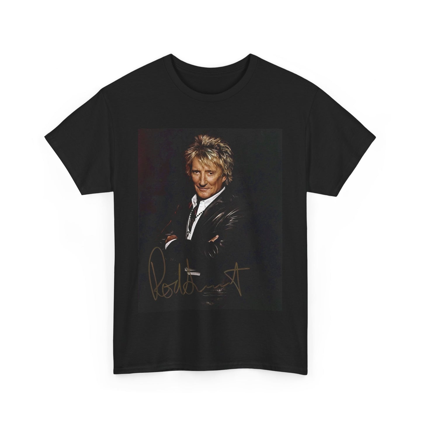 A black graphic t-shirt featuring a signature graphic of Rod Stewart.