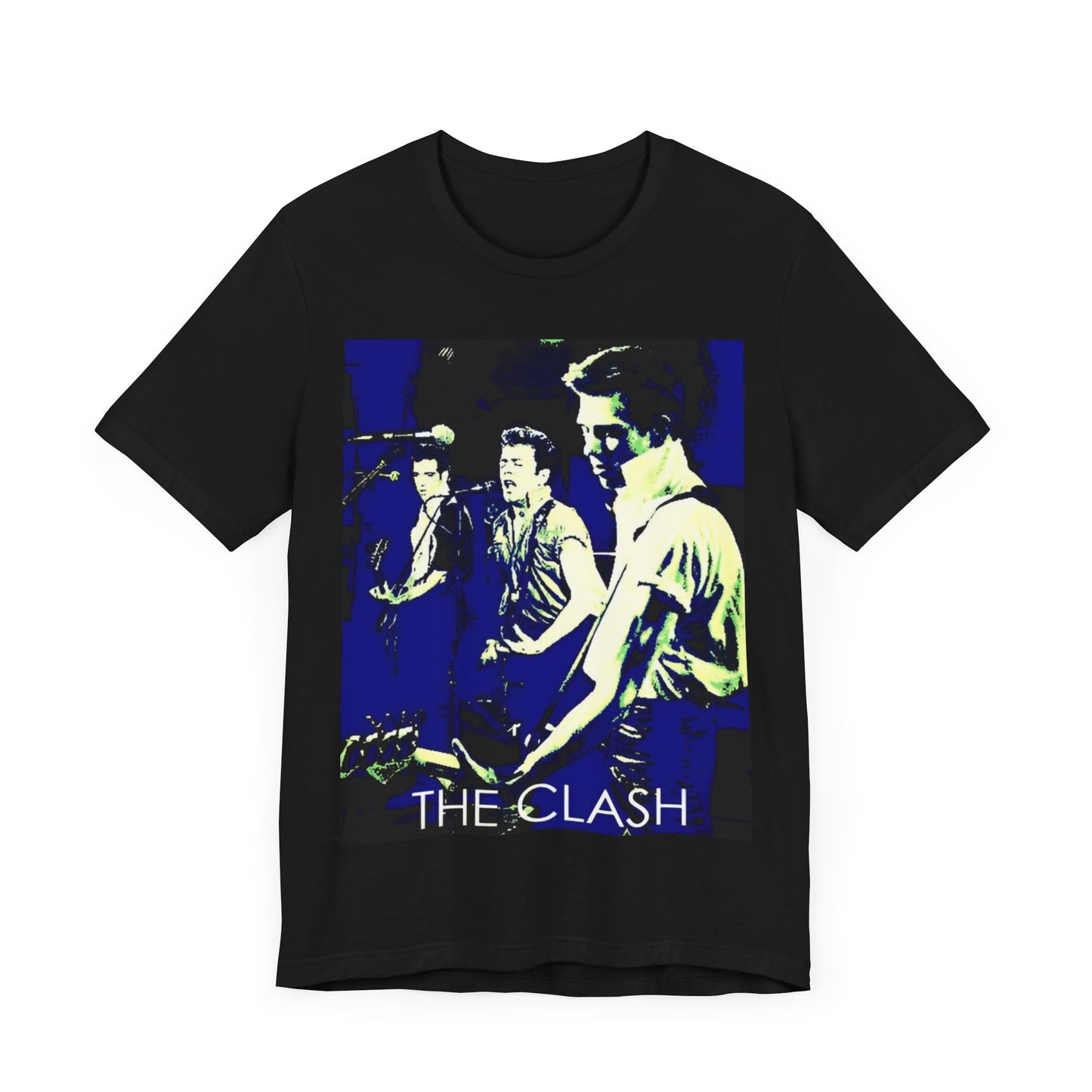 A black graphic t-shirt featuring a 70s aesthetic punk rock graphic of The Clash.