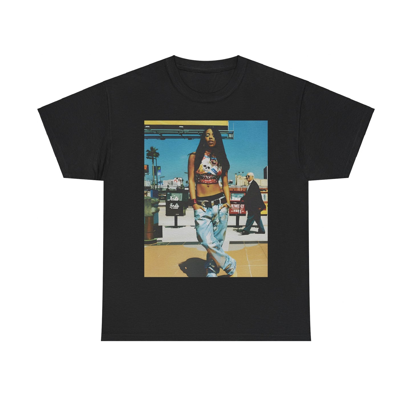 A black graphic t-shirt featuring a casual R&B fan graphic of Aaliyah.
