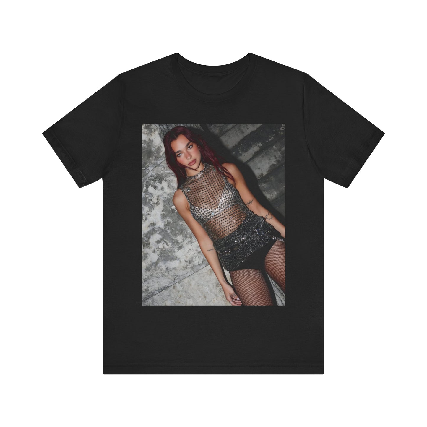 A black graphic t-shirt featuring a graphic of Dua Lipa as a disco queen, with an aesthetic design.