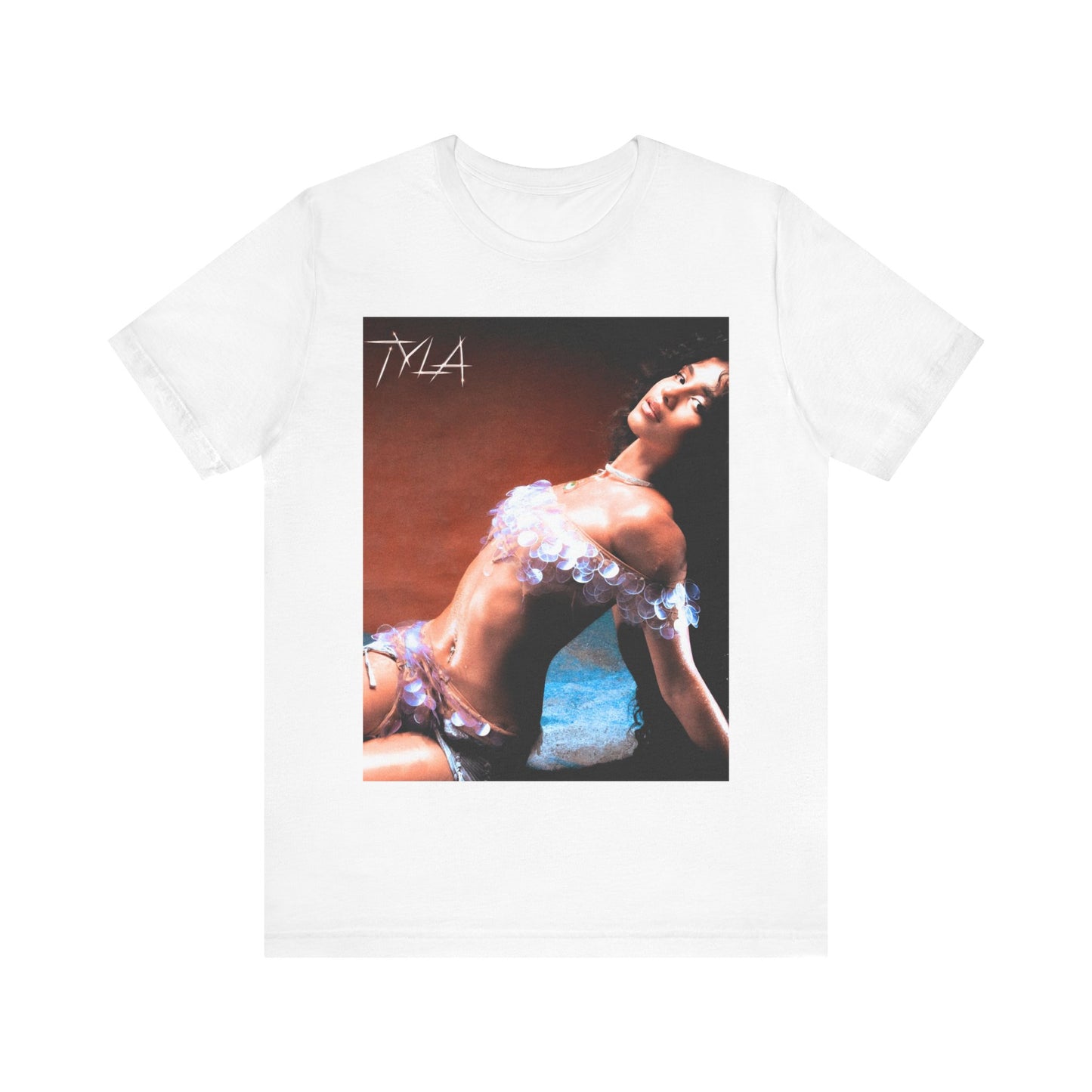 A black graphic t-shirt featuring a cultural fusion vibes graphic of Tyla.
