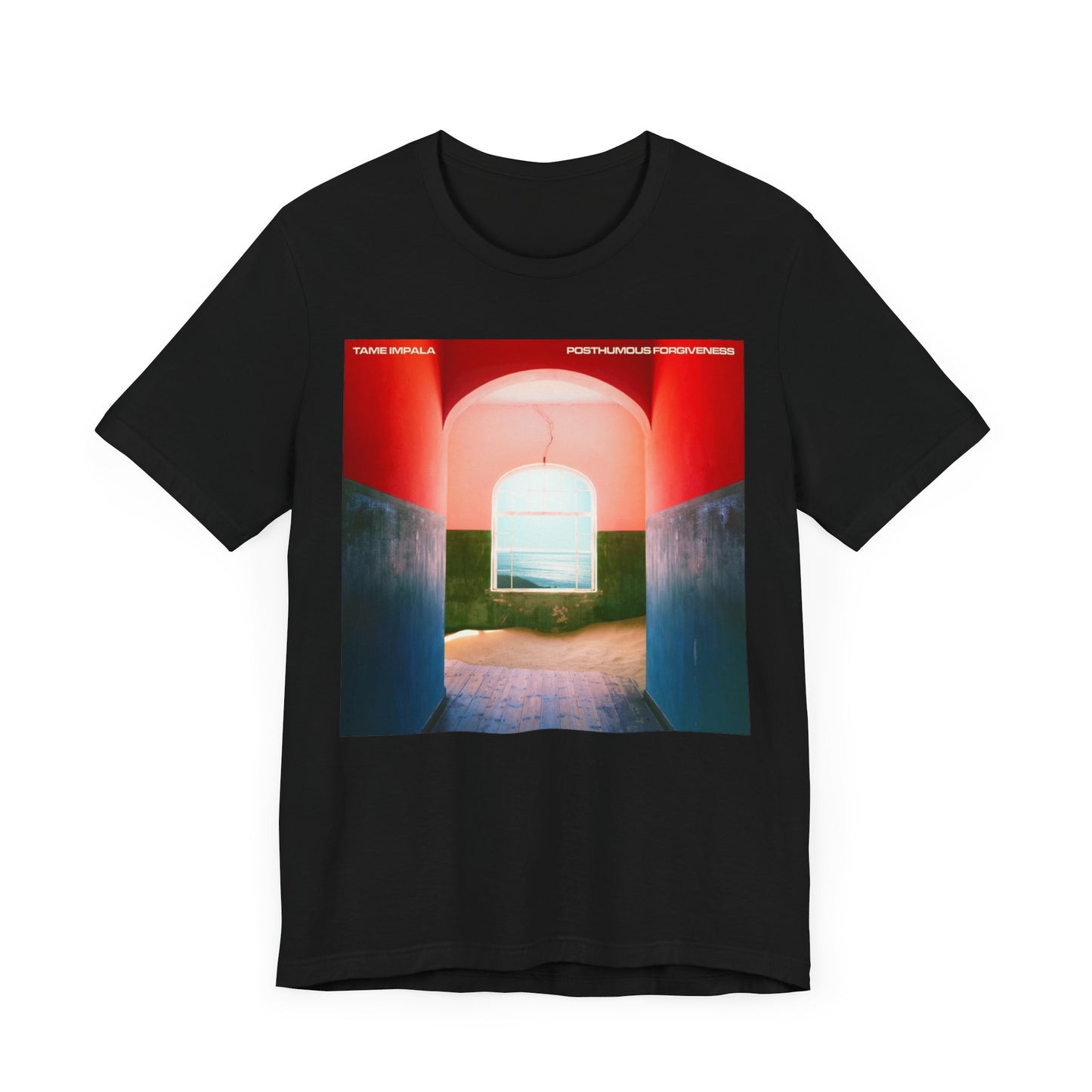 A black graphic t-shirt featuring a graphic related to Tame Impala's song 'Posthumous Forgiveness'.