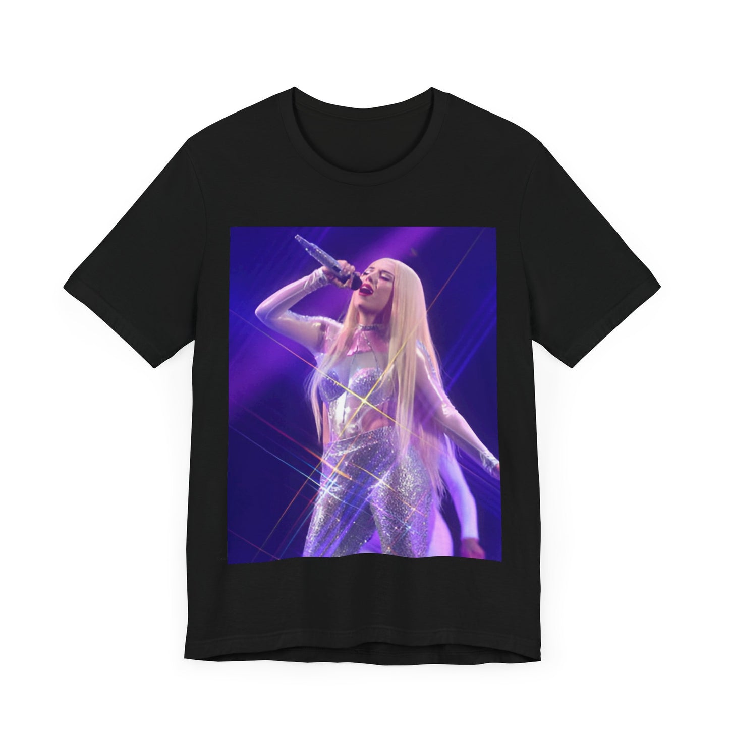 A black graphic t-shirt featuring a photo or illustration of Ava Max performing on stage, with a glittering or sparkling effect.