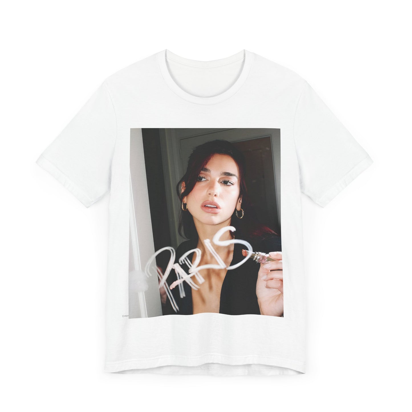 A black graphic t-shirt featuring a graphic of Dua Lipa, possibly with Parisian elements or a 'Paris' theme.