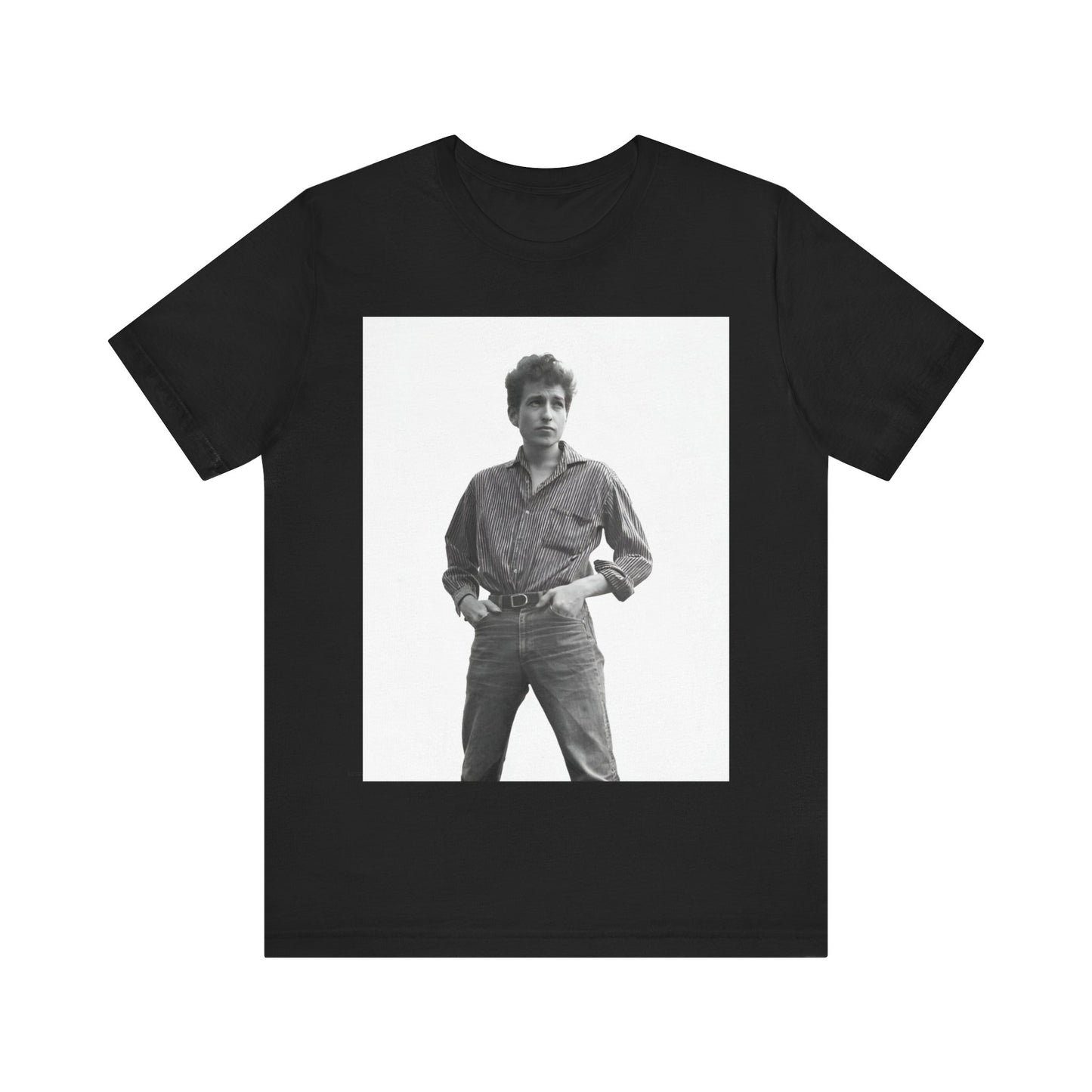A black graphic t-shirt featuring a vintage 60s folk aesthetic graphic of Bob Dylan.
