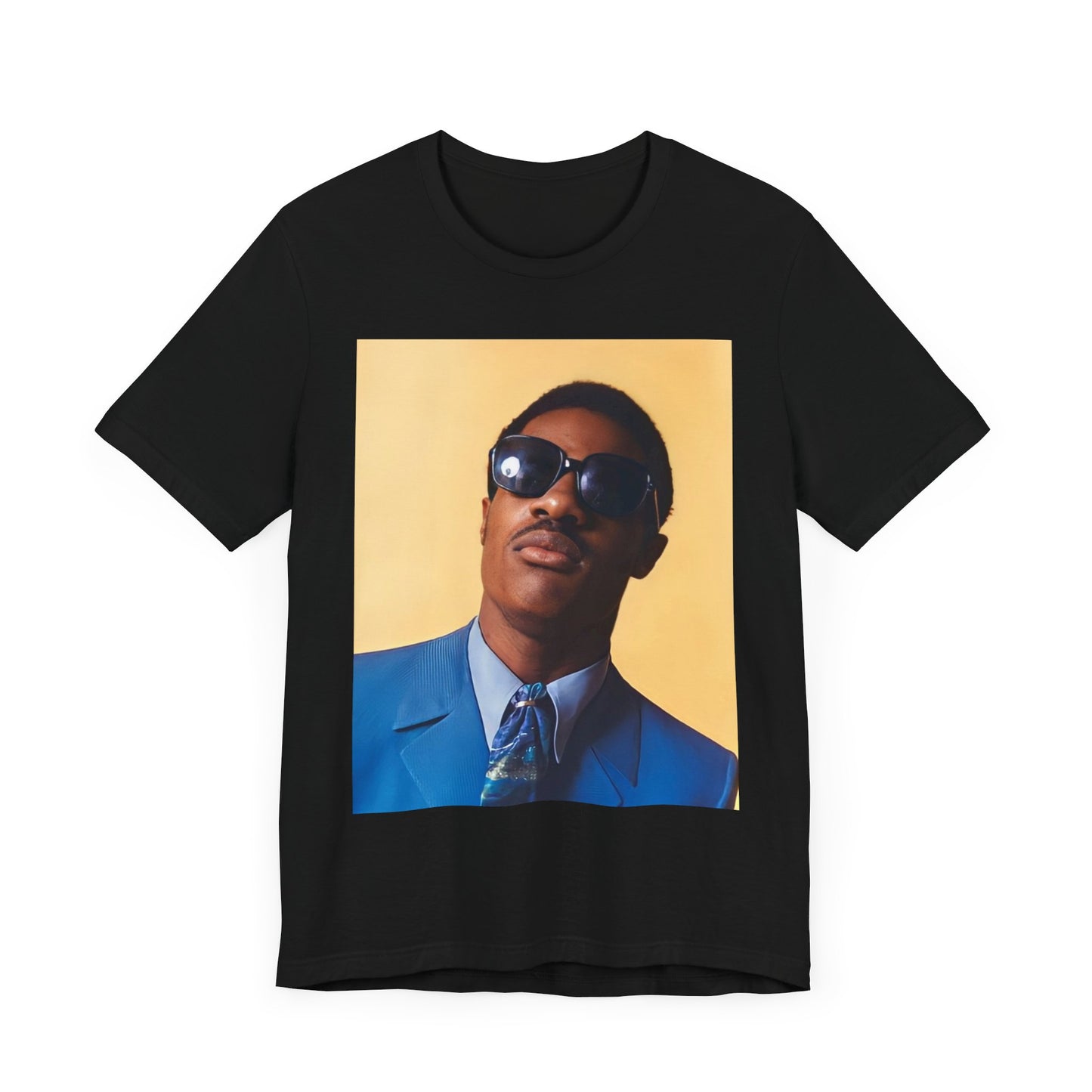 A black graphic t-shirt featuring a vintage graphic related to Stevie Wonder's 'Superstition' song or era.