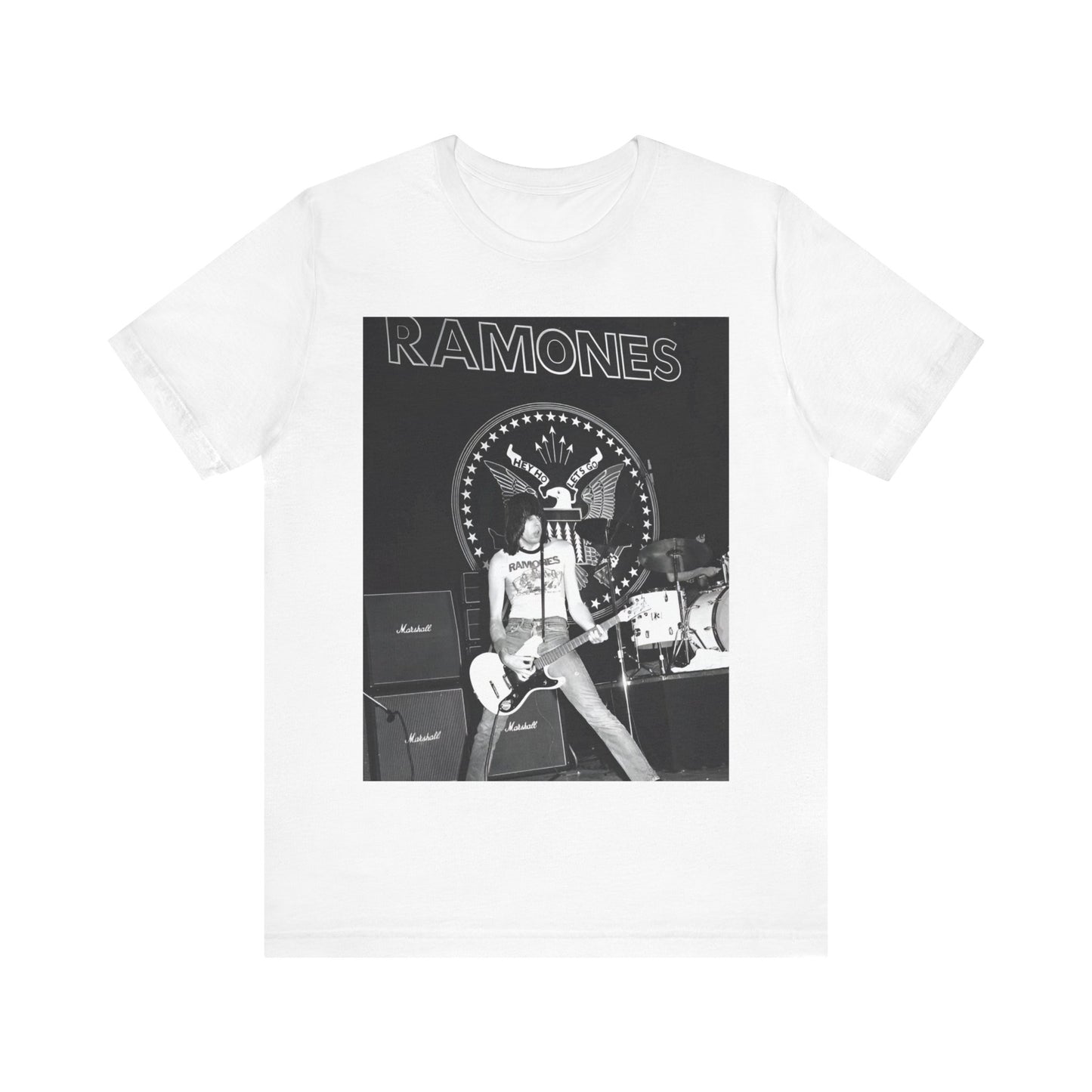 A black graphic t-shirt featuring a graphic of the Ramones with a cool NYC punk scene aesthetic.