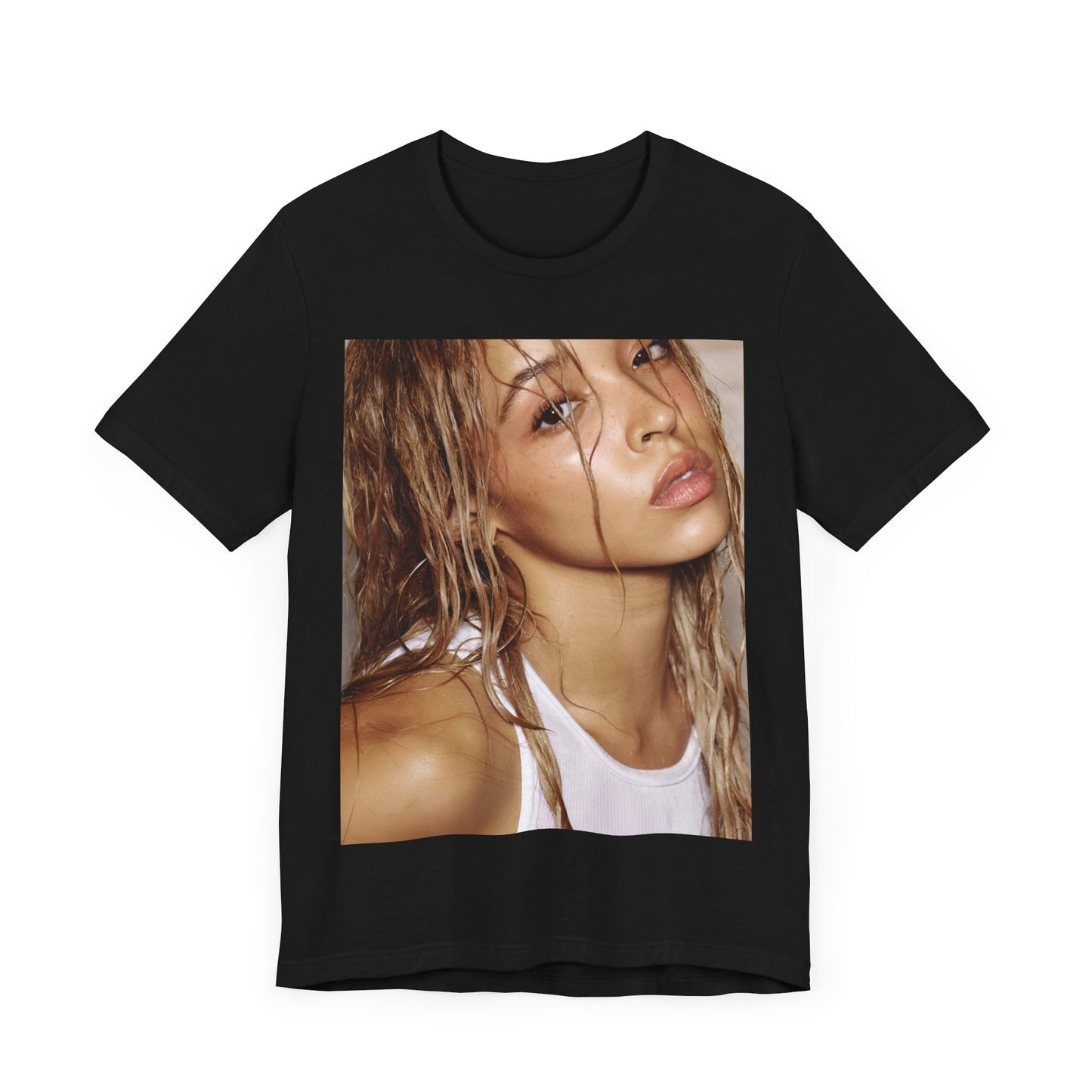 A black graphic t-shirt featuring a nostalgic indie R&B vibes graphic of Tinashe.