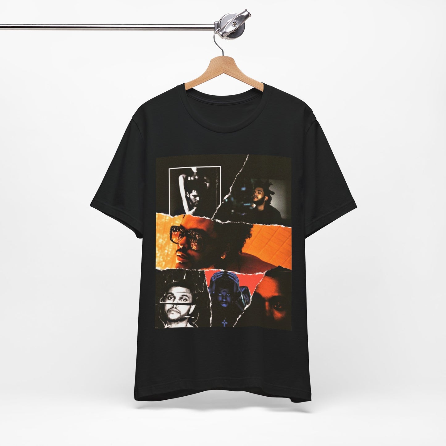 A black graphic t-shirt featuring a retro bootleg graphic of The Weeknd.