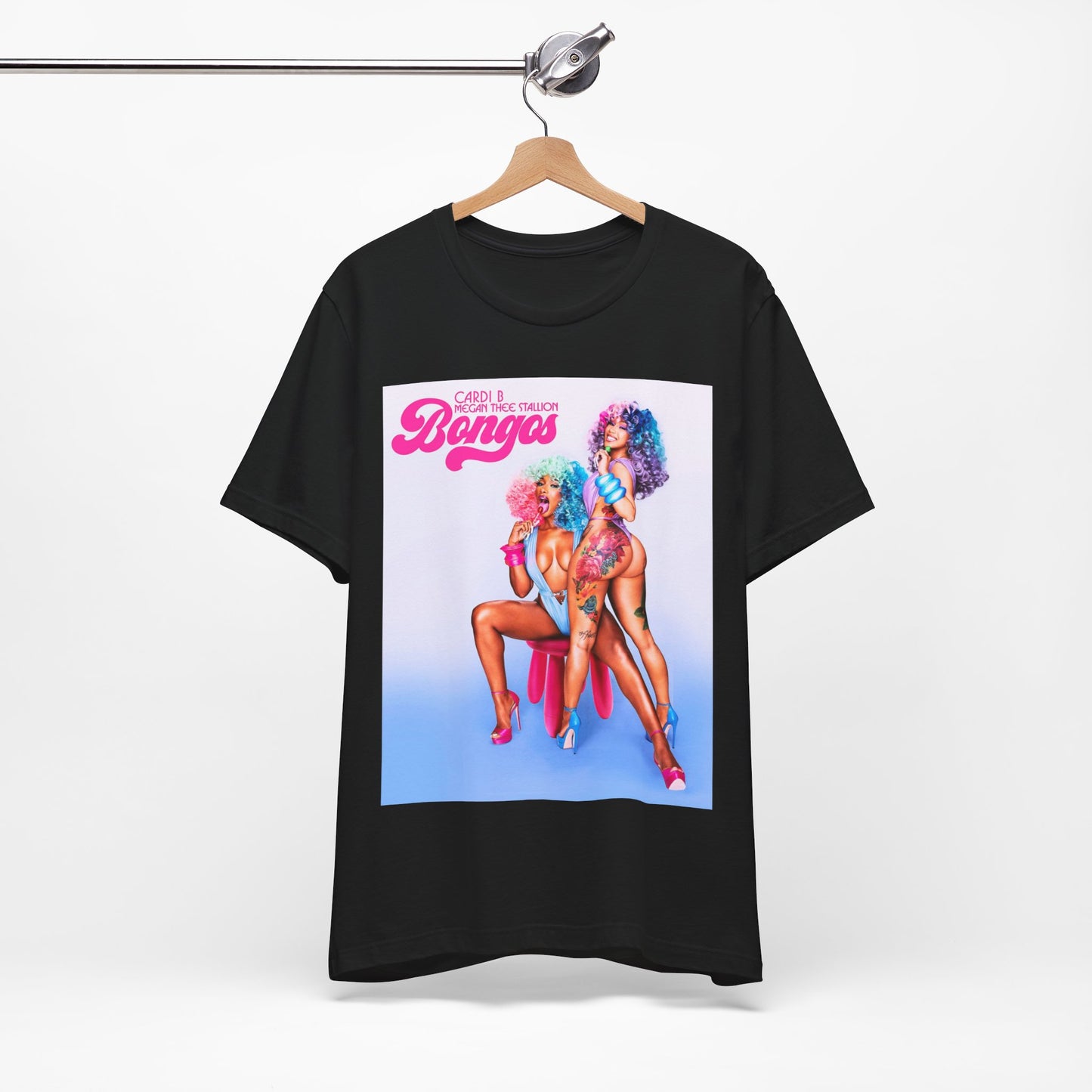 A black graphic t-shirt featuring the single artwork for Cardi B's song "Bongos."