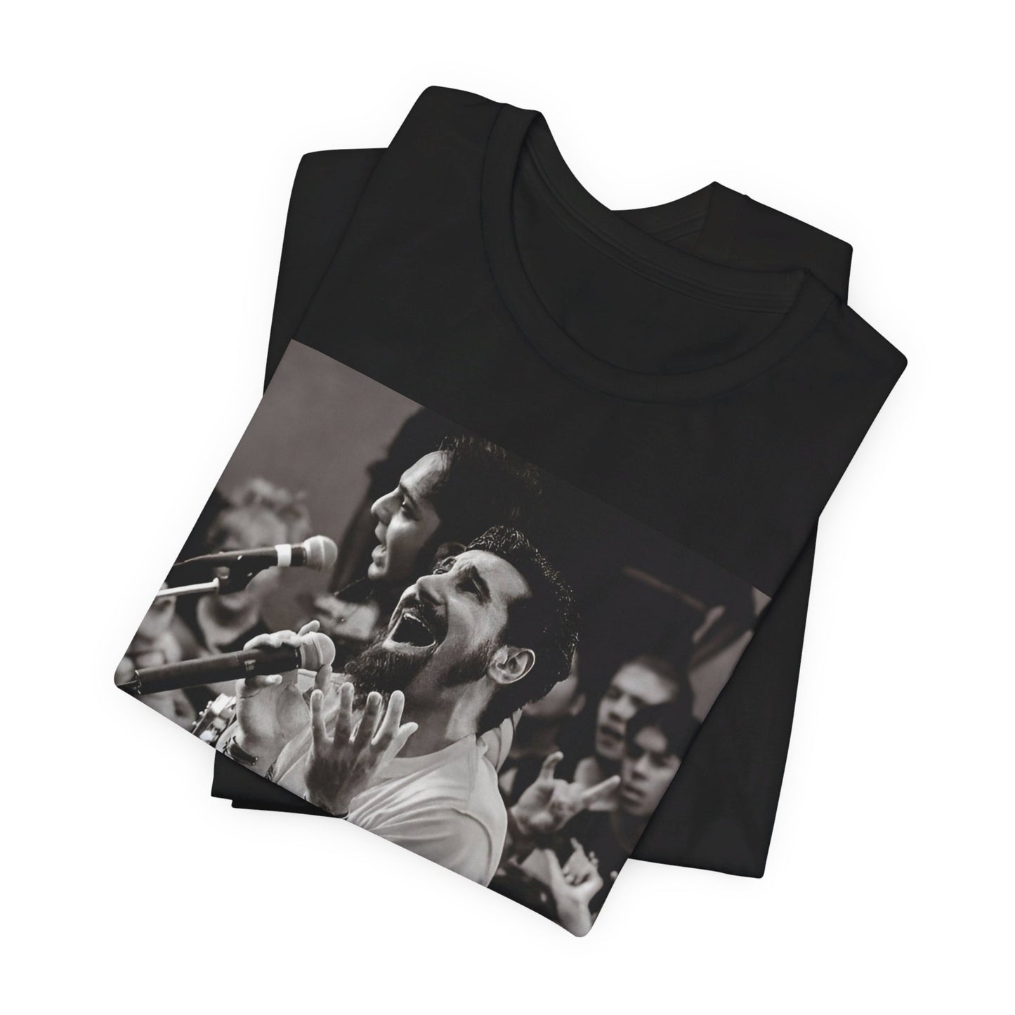 A black graphic t-shirt featuring a black and white portrait photo of Serj Tankian from System of a Down.