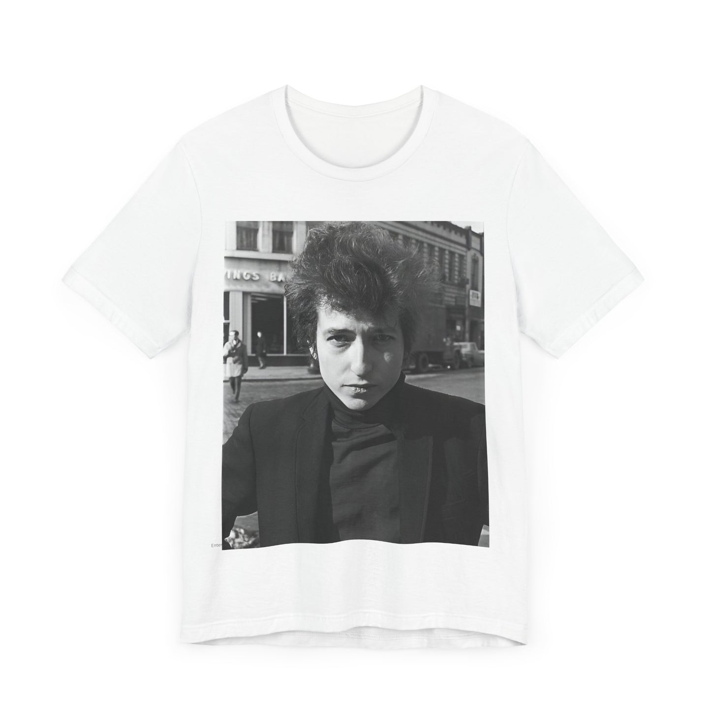 A black graphic t-shirt featuring a 60s black and white photo portrait of Bob Dylan.