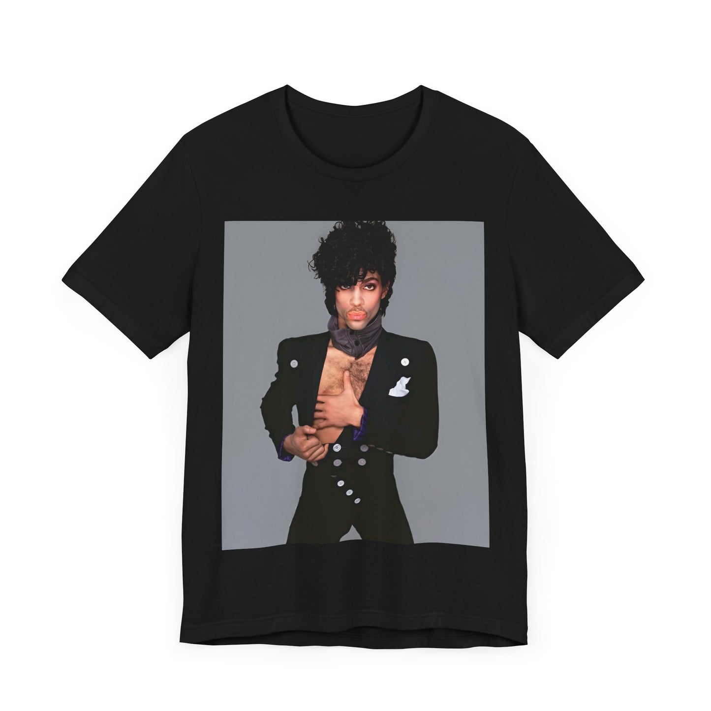 A black graphic t-shirt featuring a 90s vintage funk pop icon graphic of Prince.