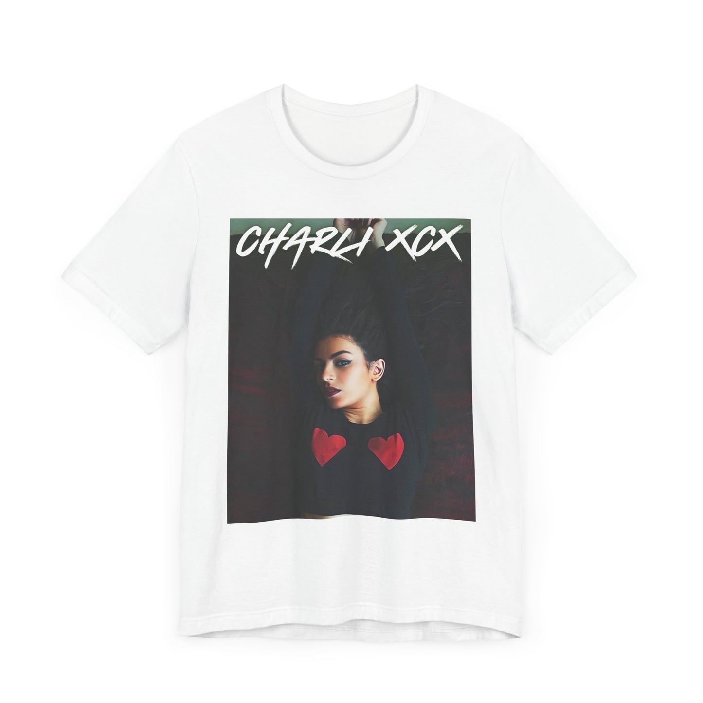 A black graphic t-shirt featuring a graphic of Charli XCX, designed with a future pop diva aesthetic.