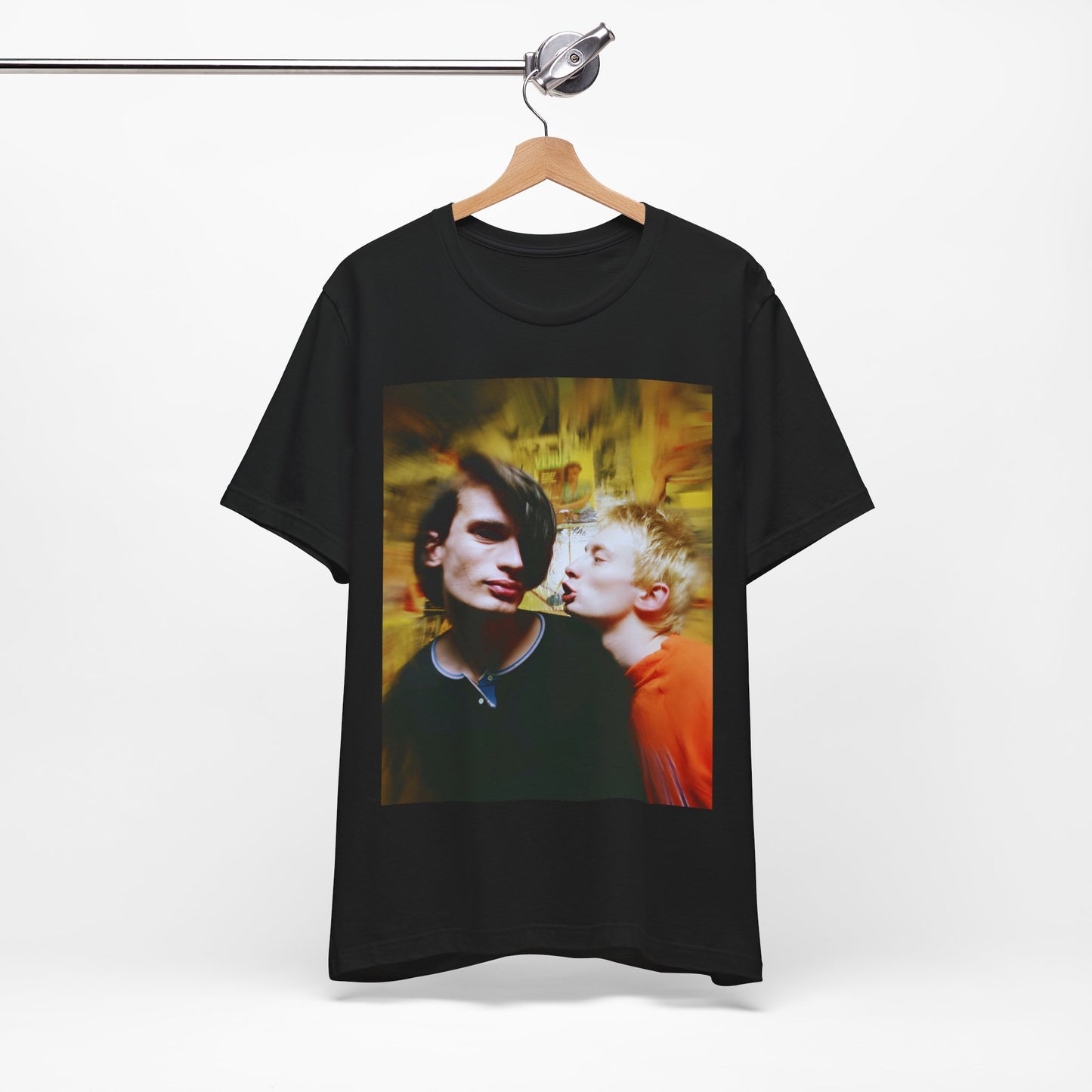 A black graphic t-shirt featuring a graphic related to Radiohead's 'No Surprises' song or era.