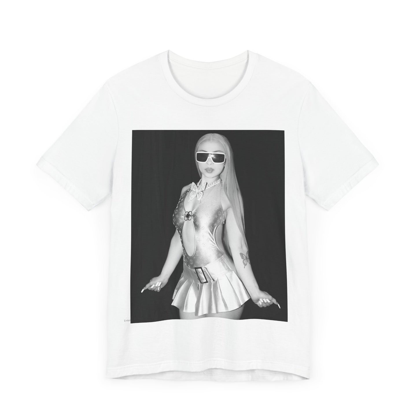 A black graphic t-shirt featuring a black and white graphic or photo of Ice Spice in a backstage setting.