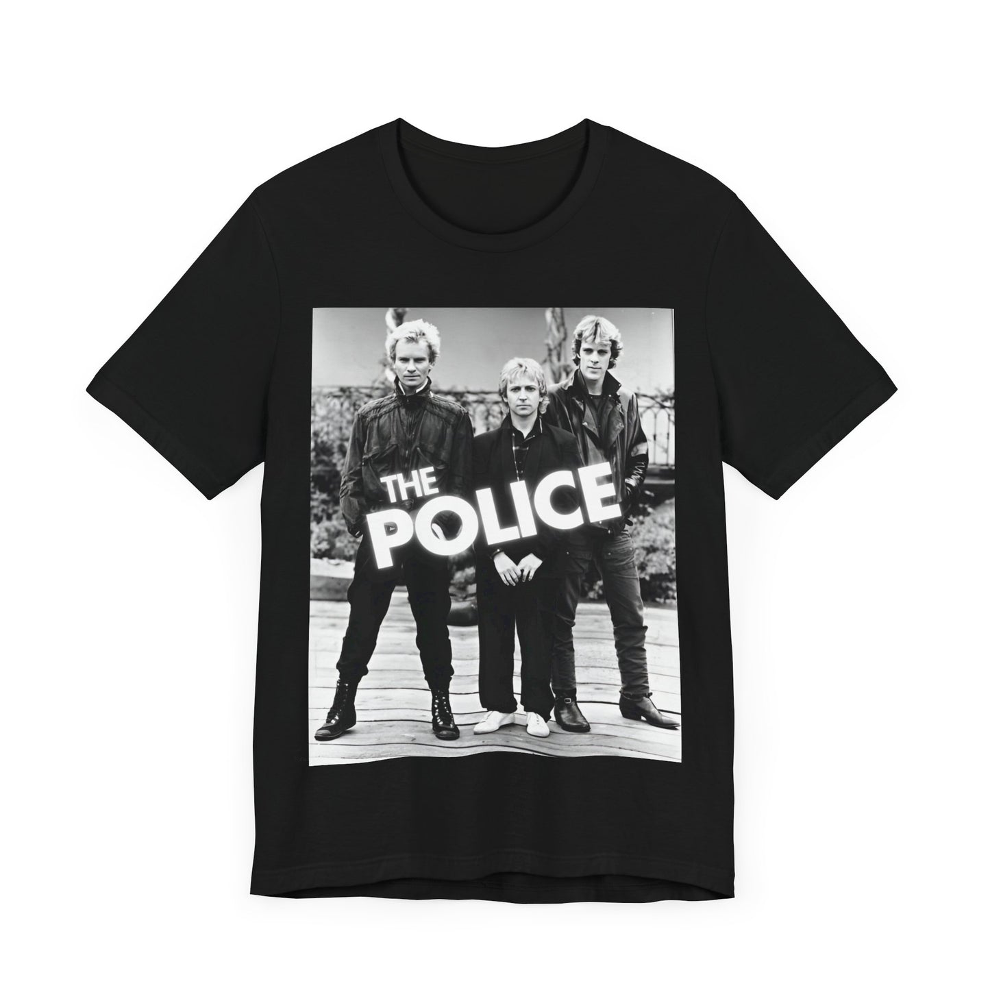 A black graphic t-shirt featuring an 80s pop rock aesthetic black and white graphic of The Police.