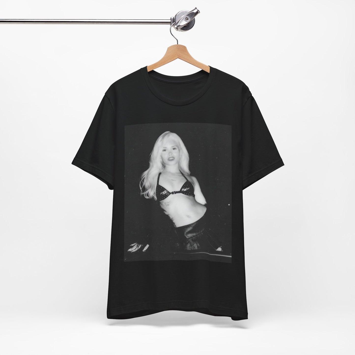 A black graphic t-shirt featuring a black and white portrait photo of Nessa Barrett.