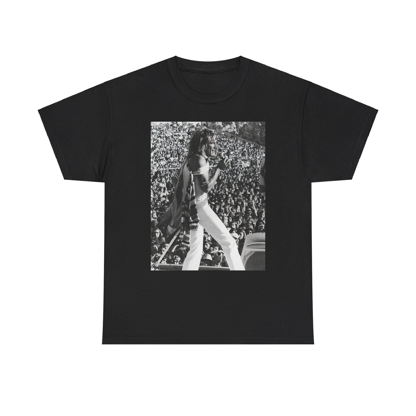 A black graphic t-shirt featuring a 70s on stage concert graphic of Rod Stewart.