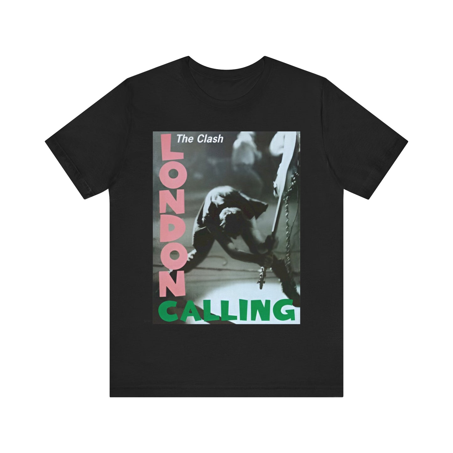 A black graphic t-shirt featuring the album cover art for The Clash's 'London Calling'.