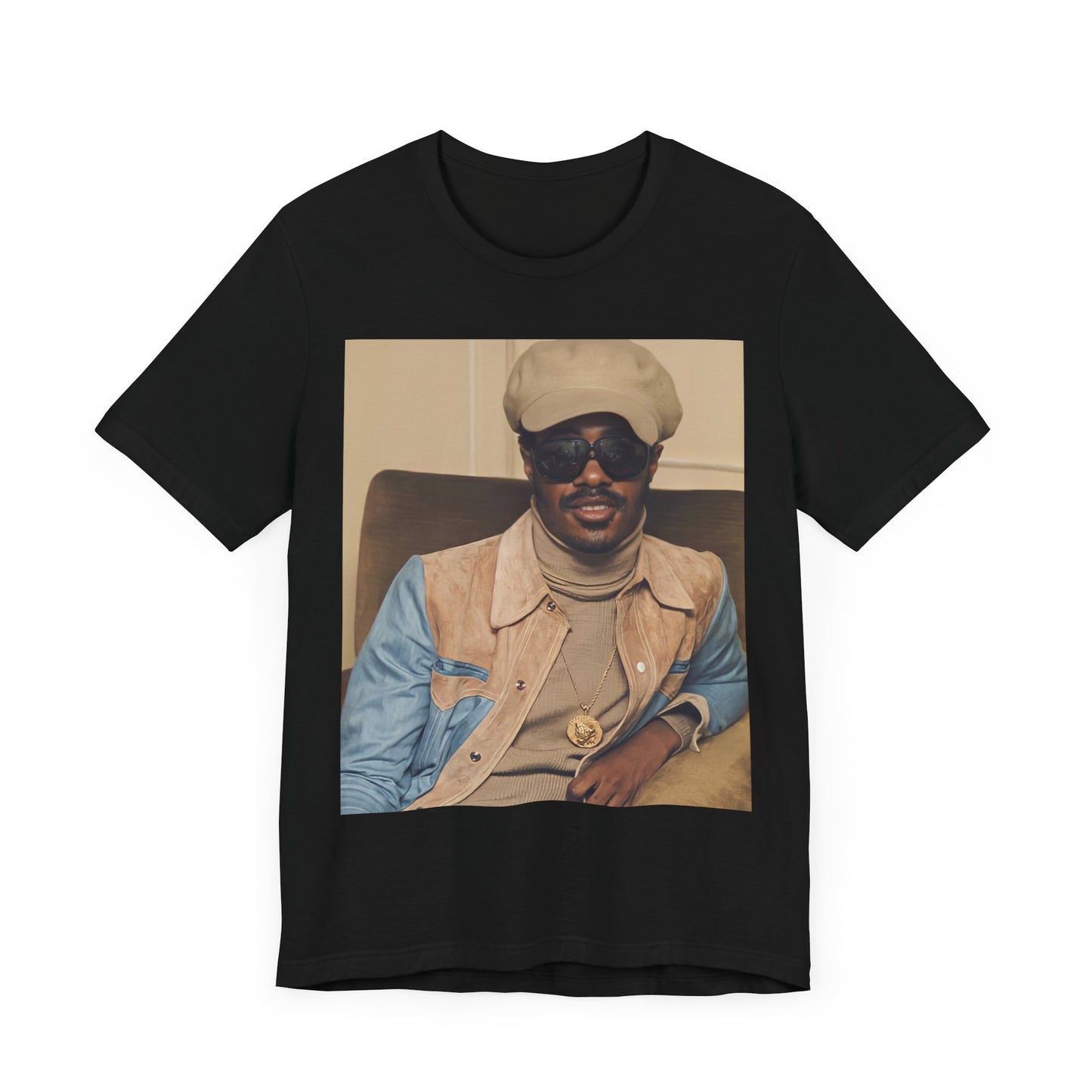 A black graphic t-shirt featuring a retro graphic related to Stevie Wonder's 'Songs in the Key of Life' album era.