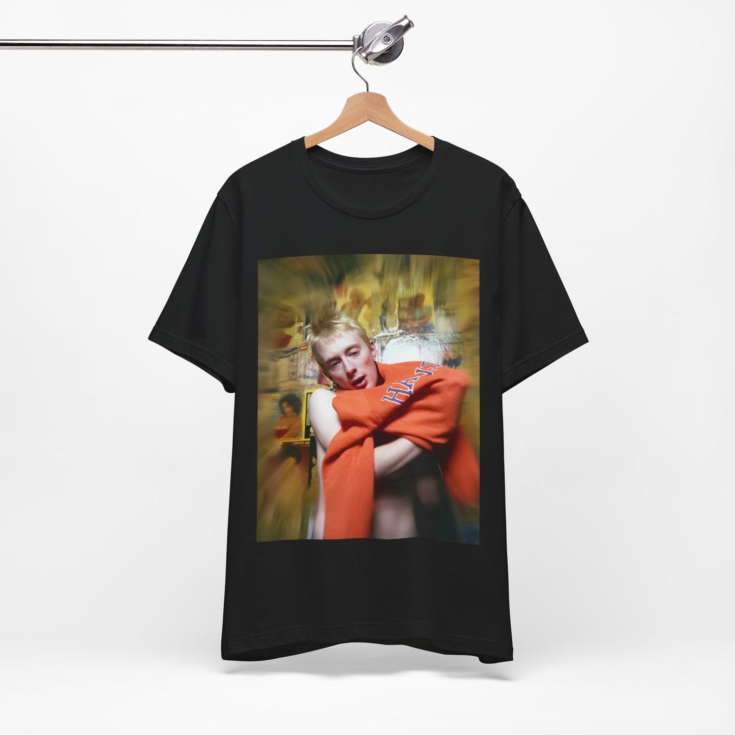 A black graphic t-shirt featuring a rock aesthetic graphic of Radiohead.