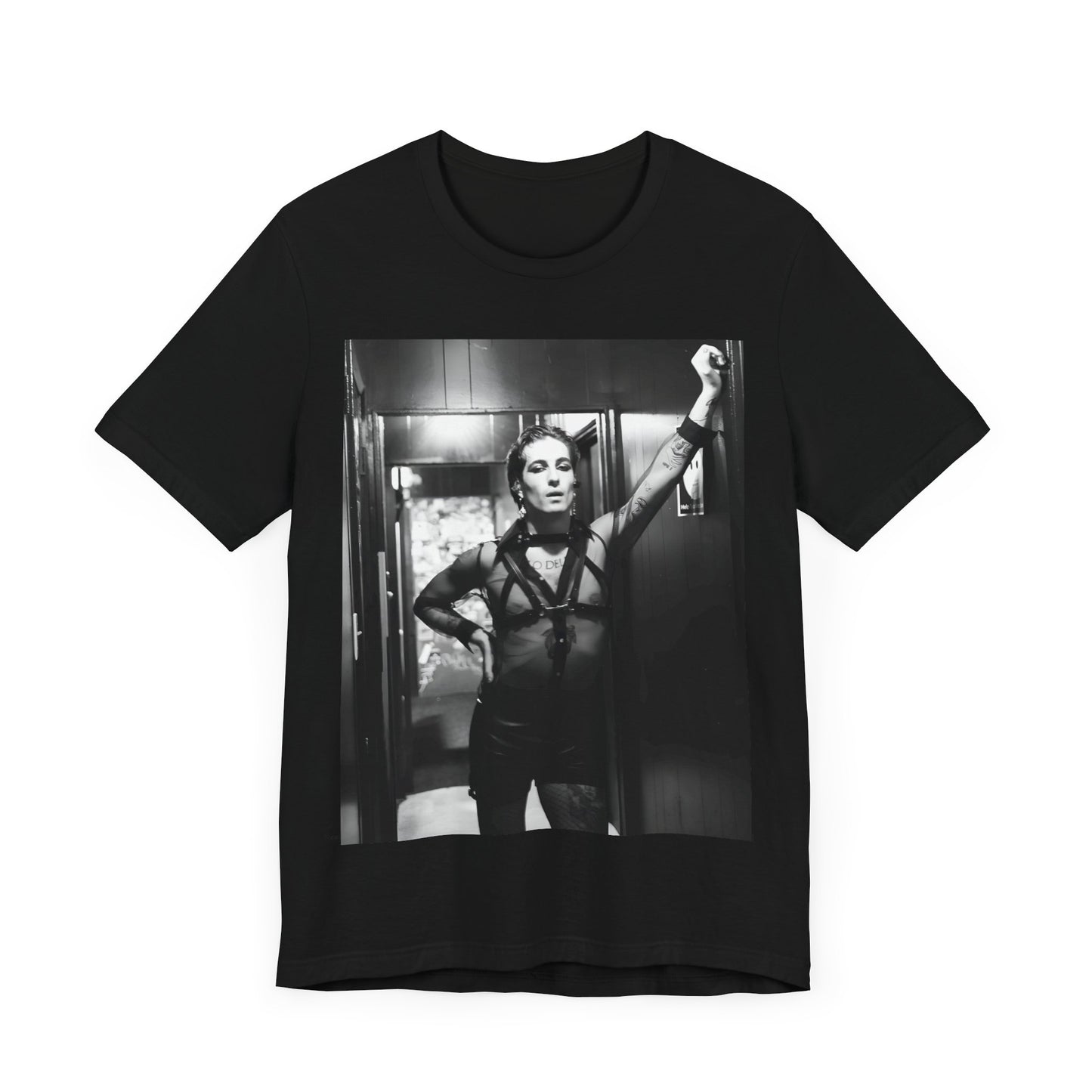 A black graphic t-shirt featuring a graphic of Maneskin emphasizing a rebel rock spirit.