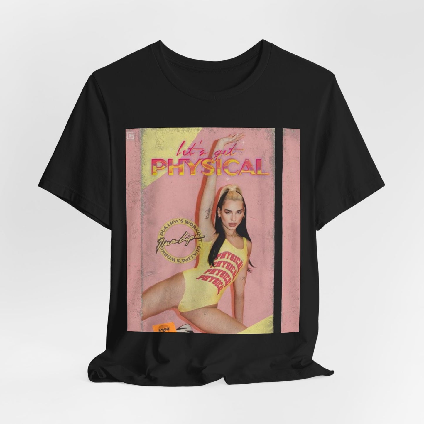 A black graphic t-shirt featuring a vintage graphic inspired by Dua Lipa's "Physical" song.