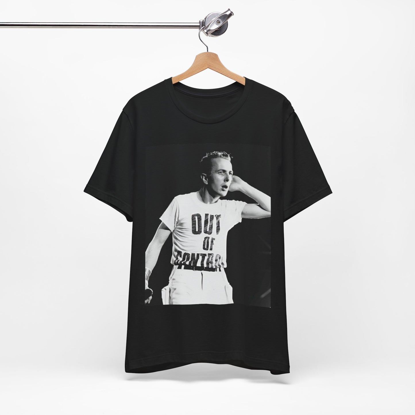 A black graphic t-shirt featuring a black and white graphic or photo portrait of Joe Strummer from The Clash.