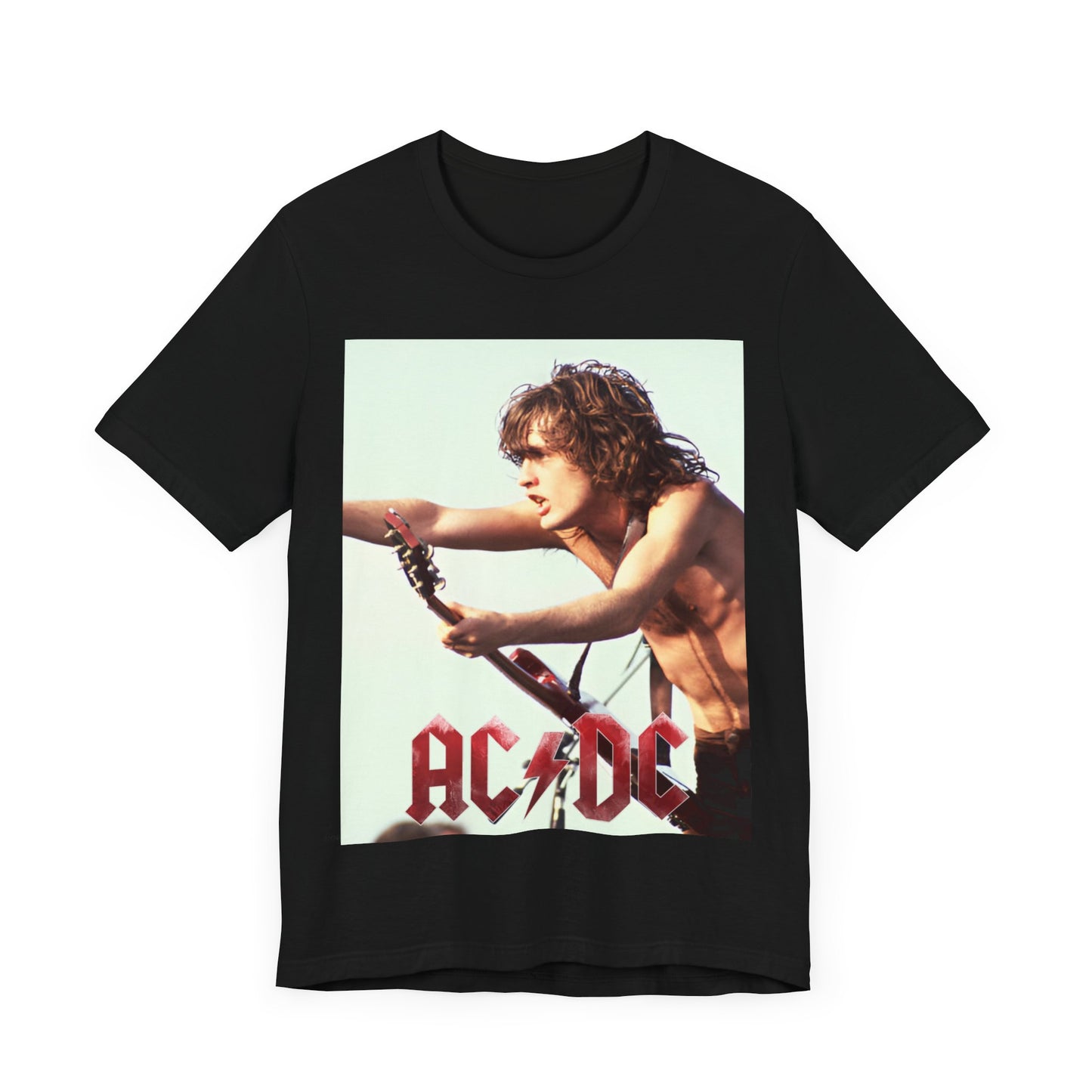 A black graphic t-shirt featuring the classic AC/DC lightning bolt logo prominently displayed, symbolizing the band's origins.