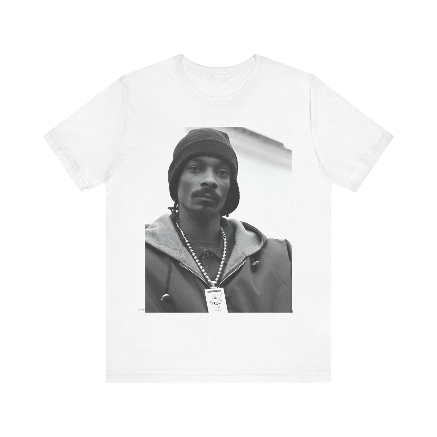 A black graphic t-shirt featuring a black and white, monochrome graphic of Snoop Dogg with an OG cool vibe.
