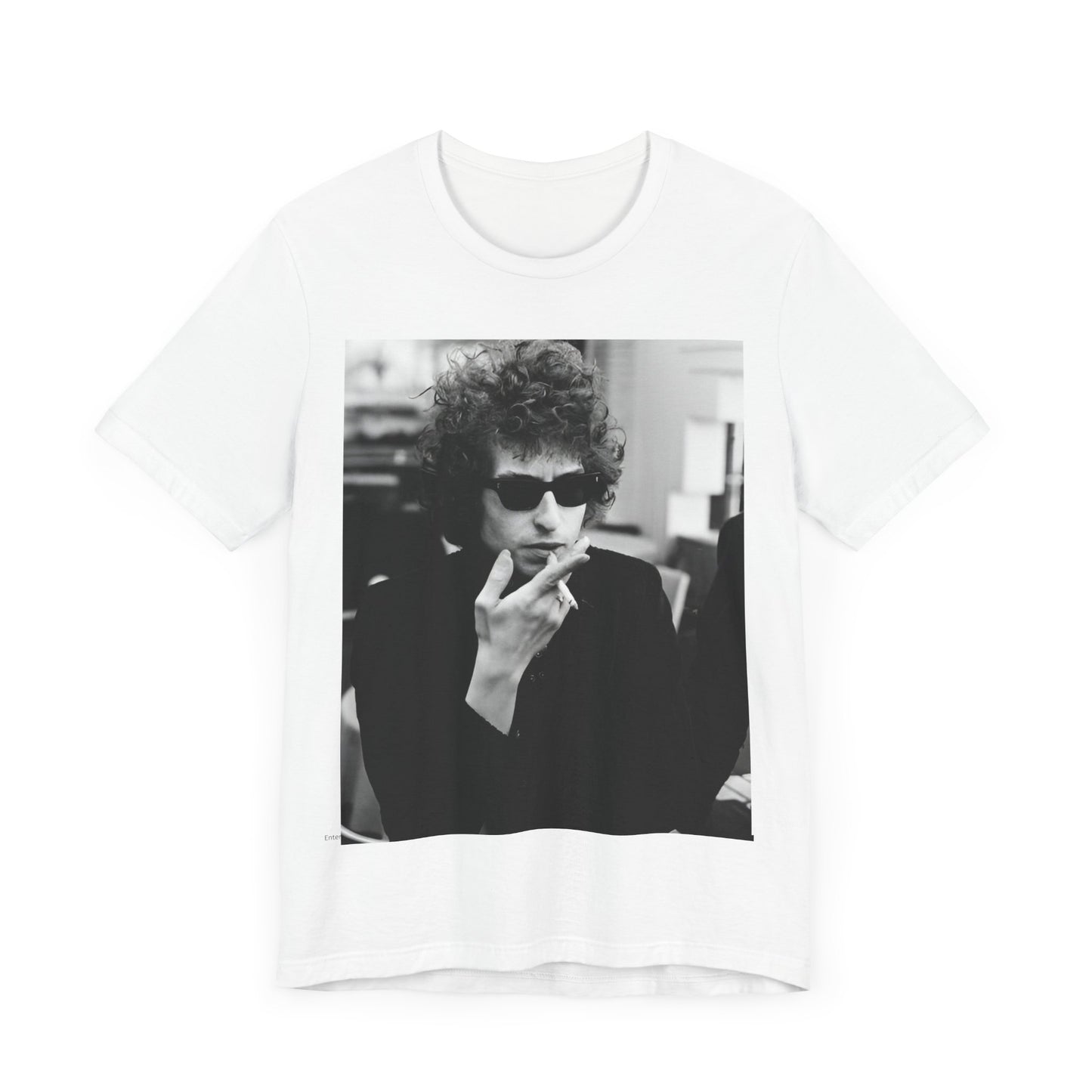 A black graphic t-shirt featuring a retro black and white graphic of Bob Dylan in a rebellious pose.