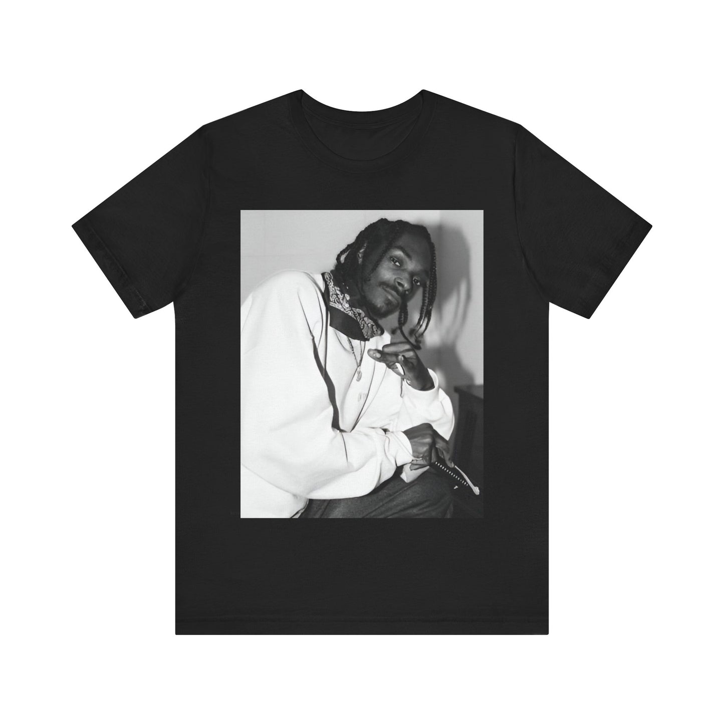 A black graphic t-shirt featuring a black and white hip hop graphic or photo of Snoop Dogg.