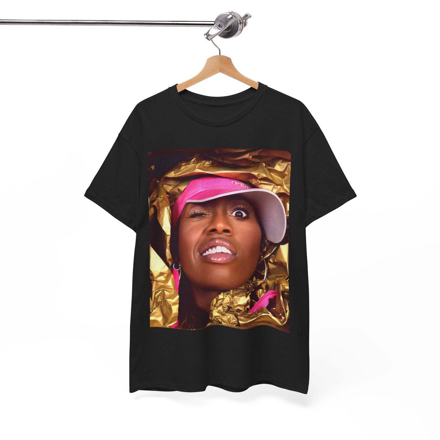 A black graphic t-shirt featuring a graphic related to Missy Elliott's 90s rap music video visionary style.