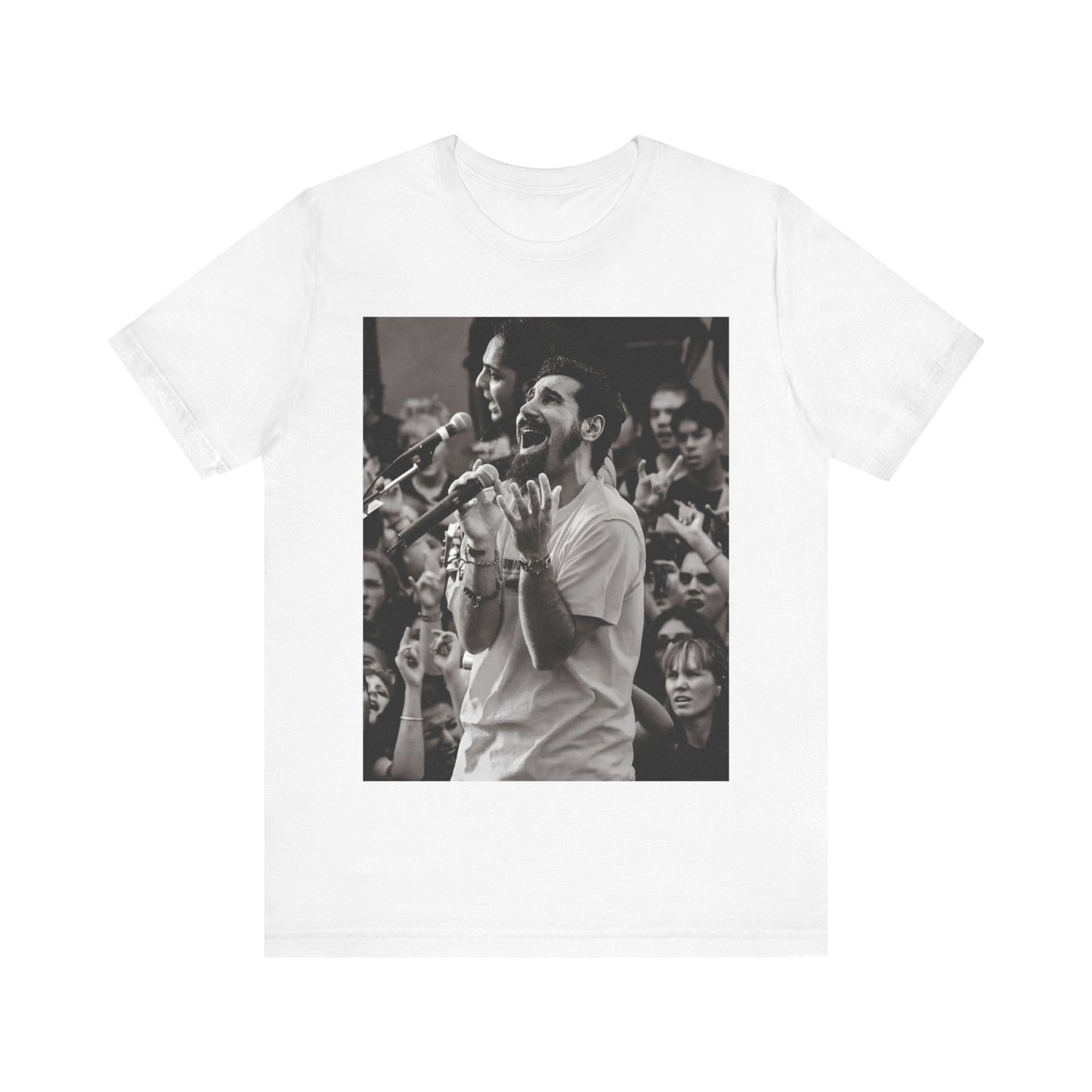 A black graphic t-shirt featuring a black and white portrait photo of Serj Tankian from System of a Down.