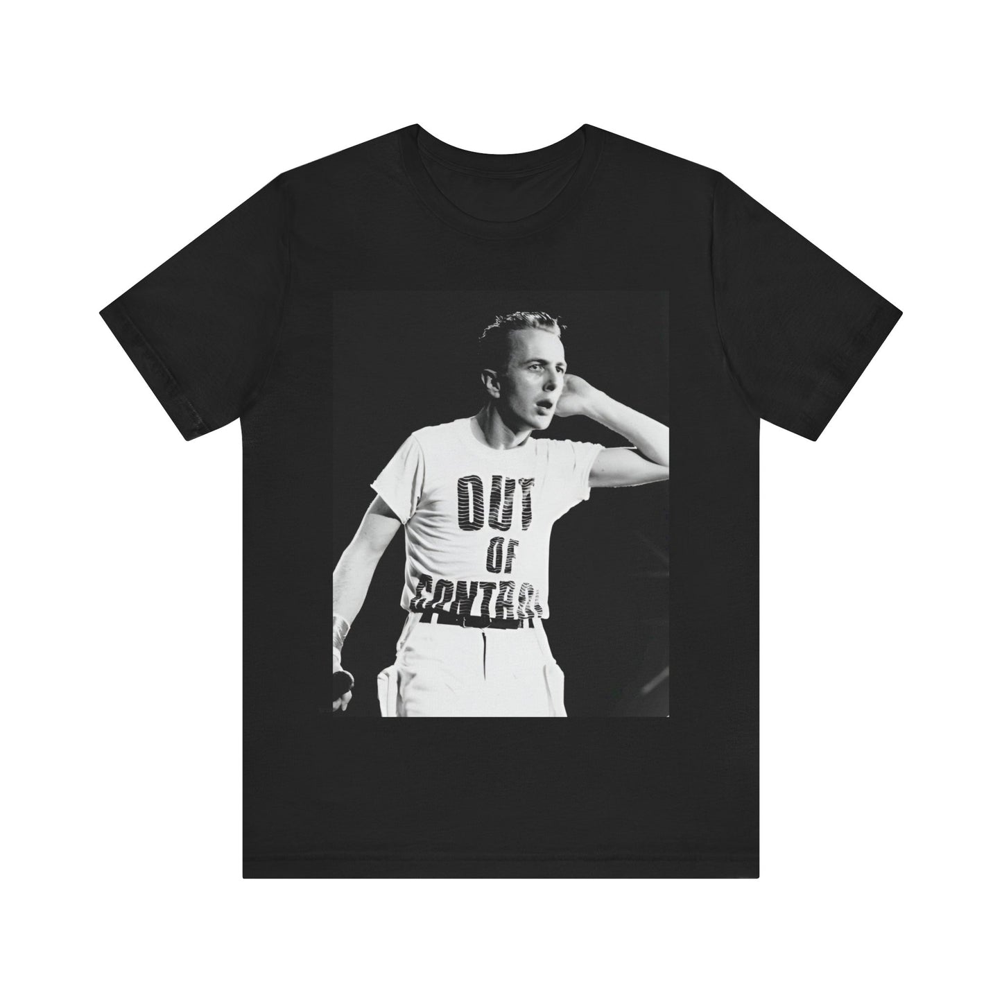 A black graphic t-shirt featuring a black and white graphic or photo portrait of Joe Strummer from The Clash.