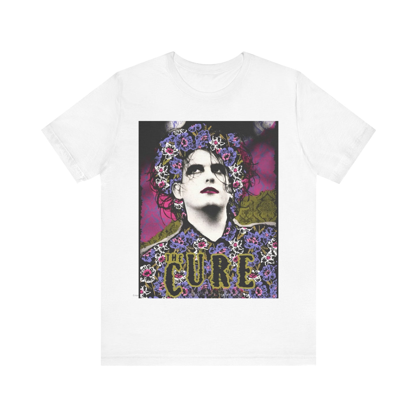 A black graphic t-shirt featuring a retro rock aesthetic pop art graphic of The Cure.