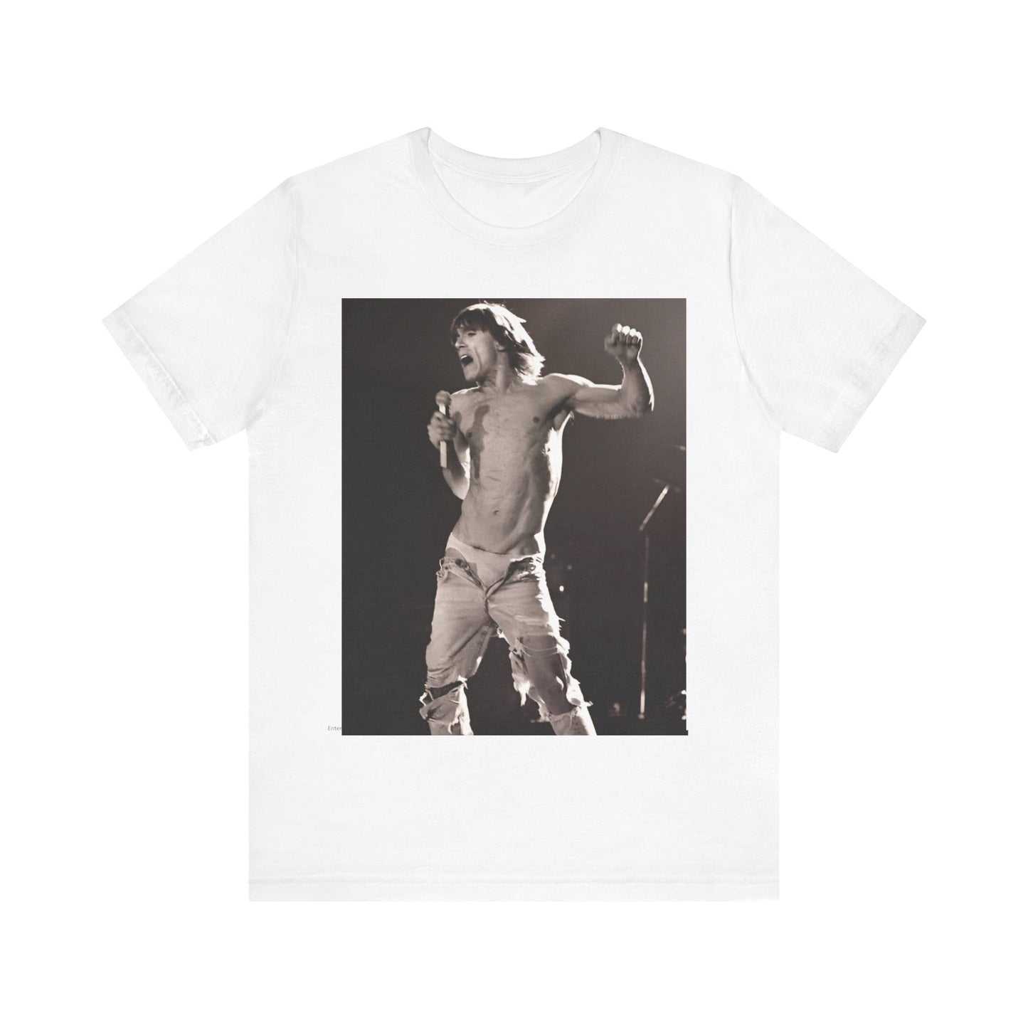 A black graphic t-shirt featuring a black and white graphic or photo of Iggy Pop performing live on stage.