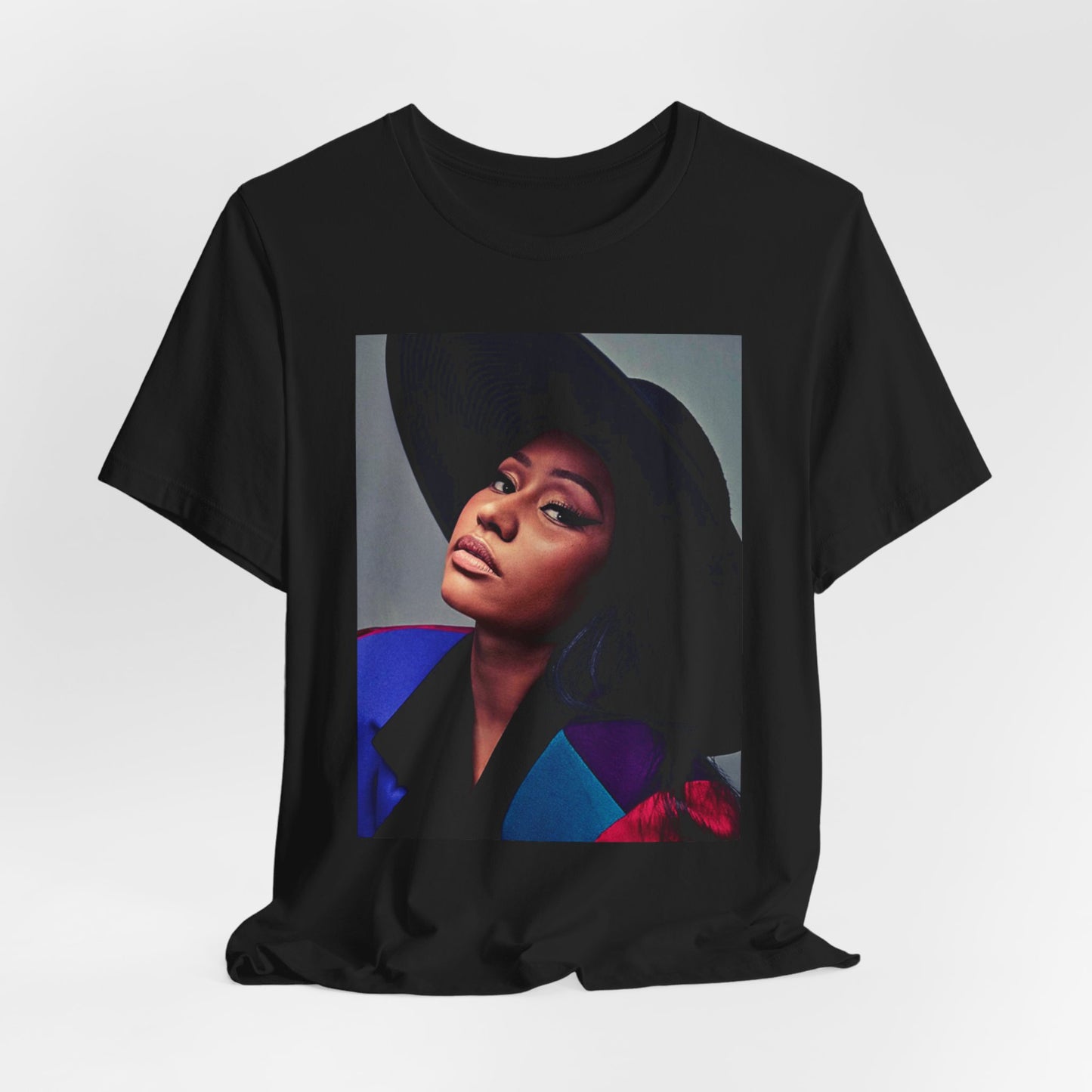 A black graphic t-shirt featuring a graphic of Nicki Minaj as a streetwear icon.