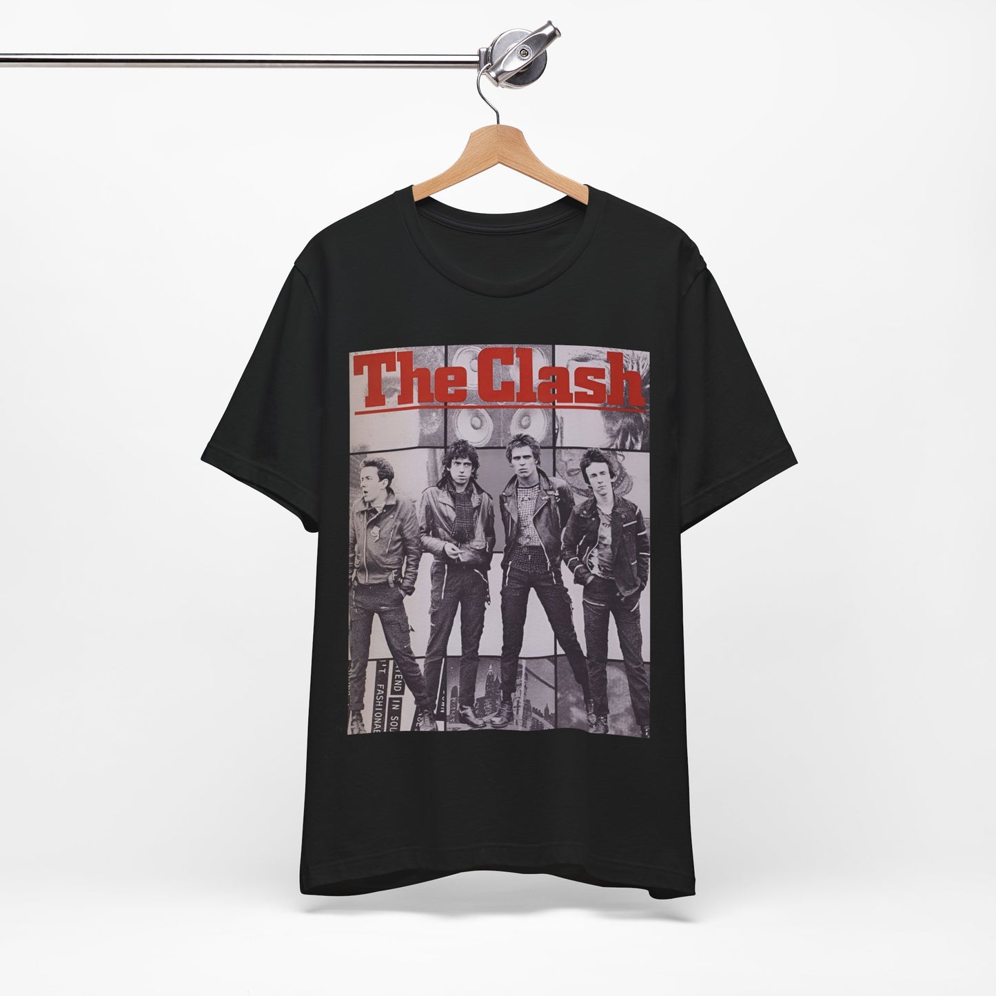 A black graphic t-shirt featuring a 70s retro punk superstar graphic of The Clash.