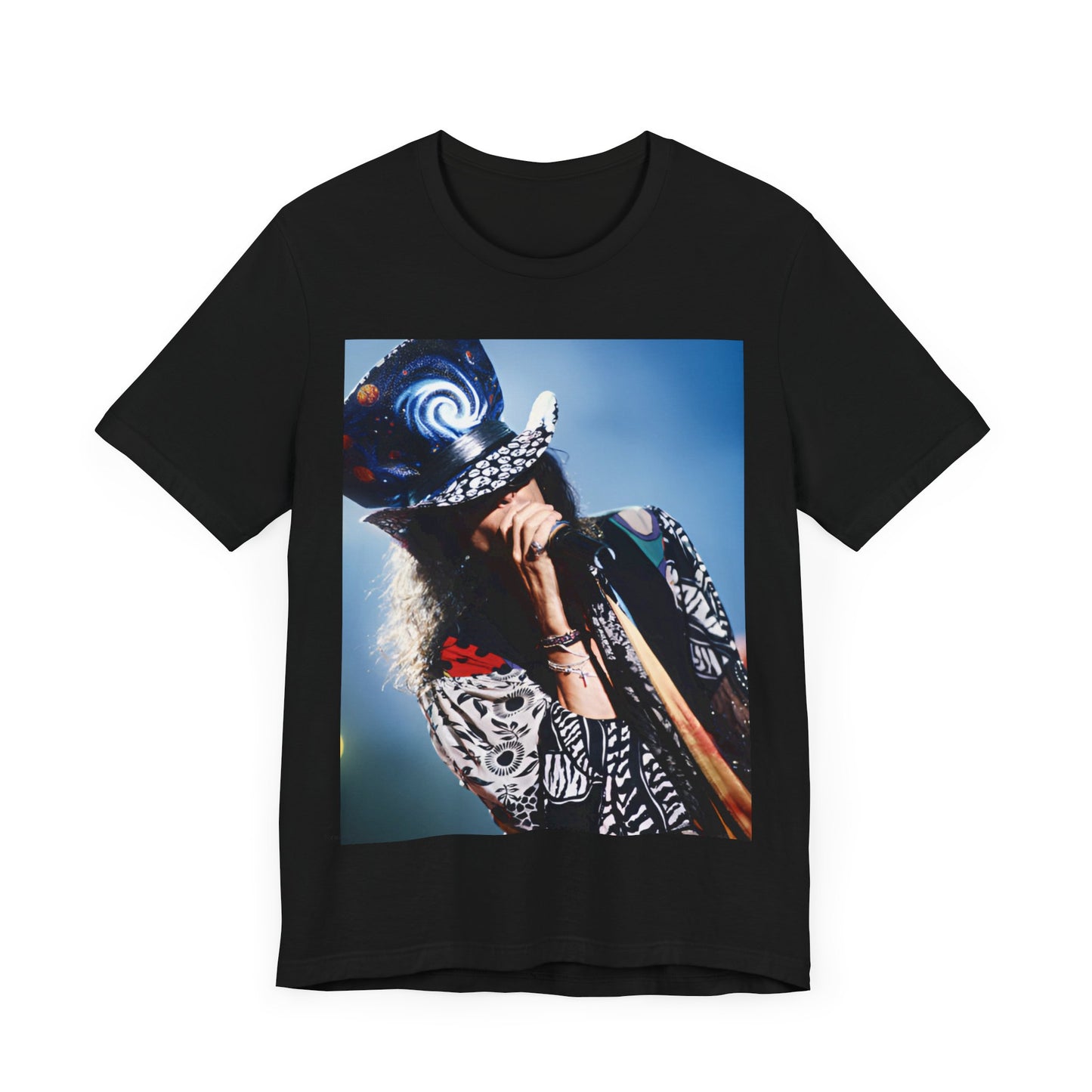 A black graphic t-shirt featuring a vintage 90s photo or illustration of Aerosmith performing live on stage, with band members in dynamic poses.