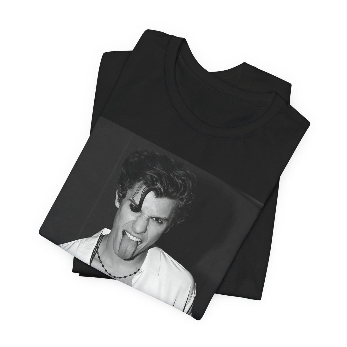 A black graphic t-shirt featuring a casual black and white fan graphic of Shawn Mendes.