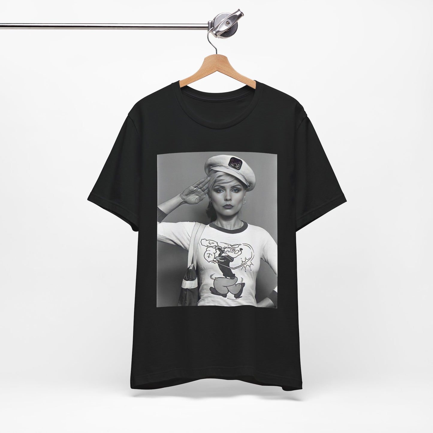 A black graphic t-shirt featuring a classic black and white graphic of the band Blondie.