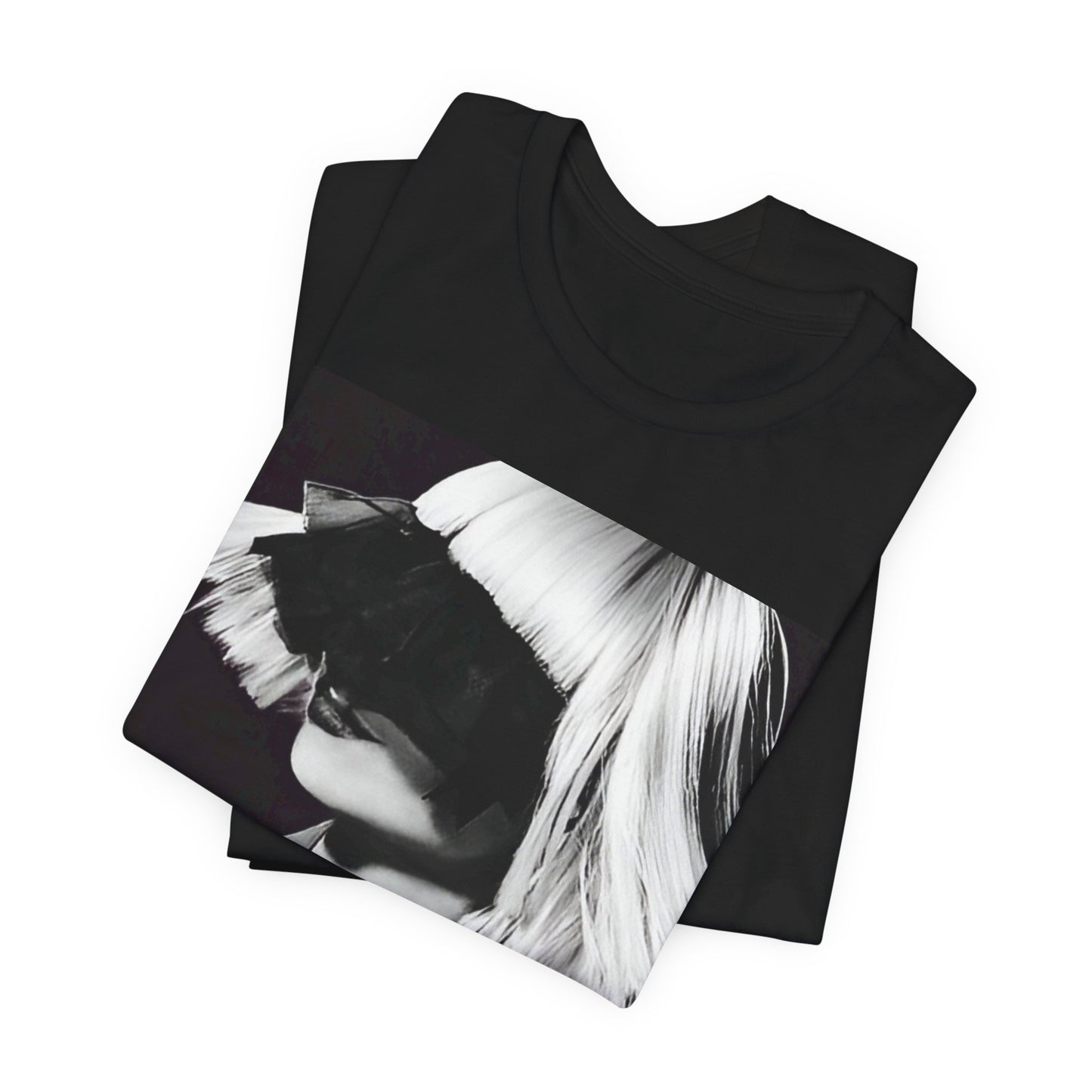 A black graphic t-shirt featuring a black and white portrait photo of Sia.