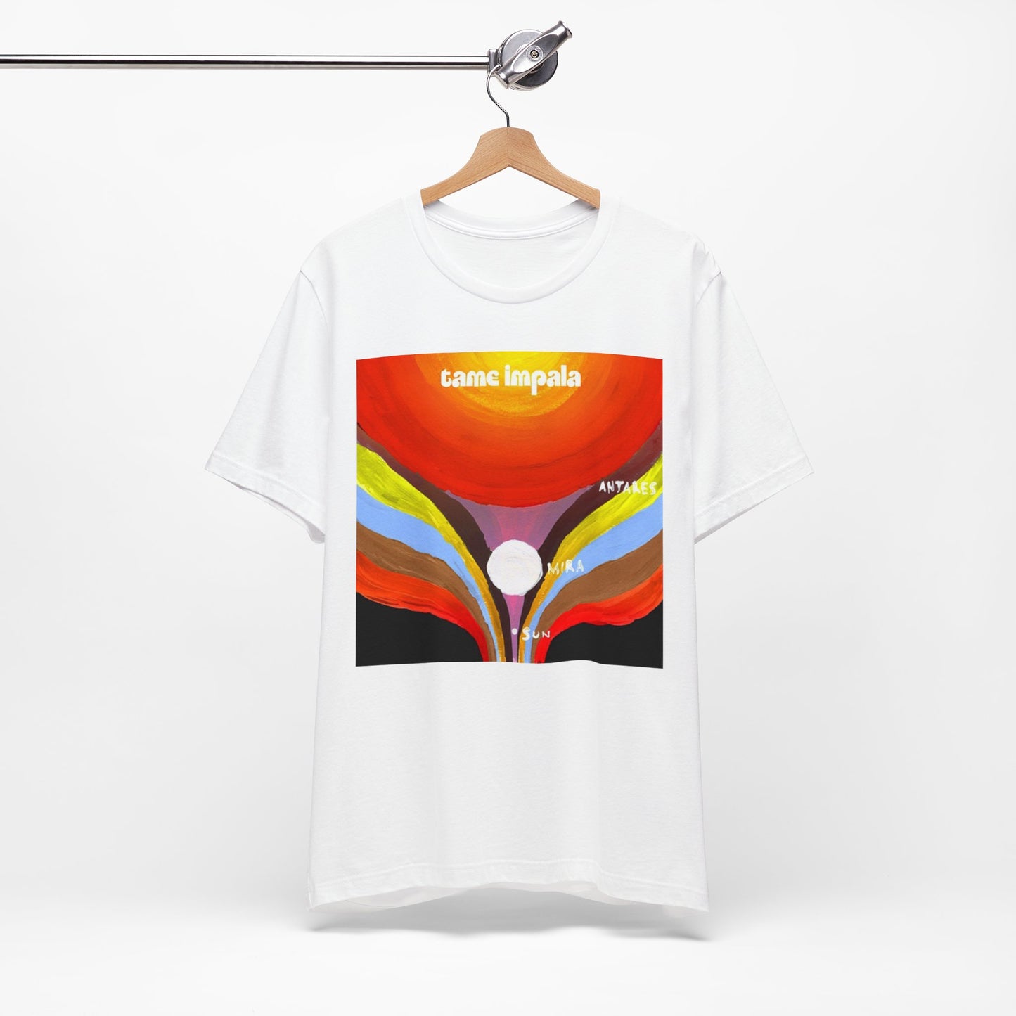 A black graphic t-shirt featuring a graphic inspired by Tame Impala's albums.